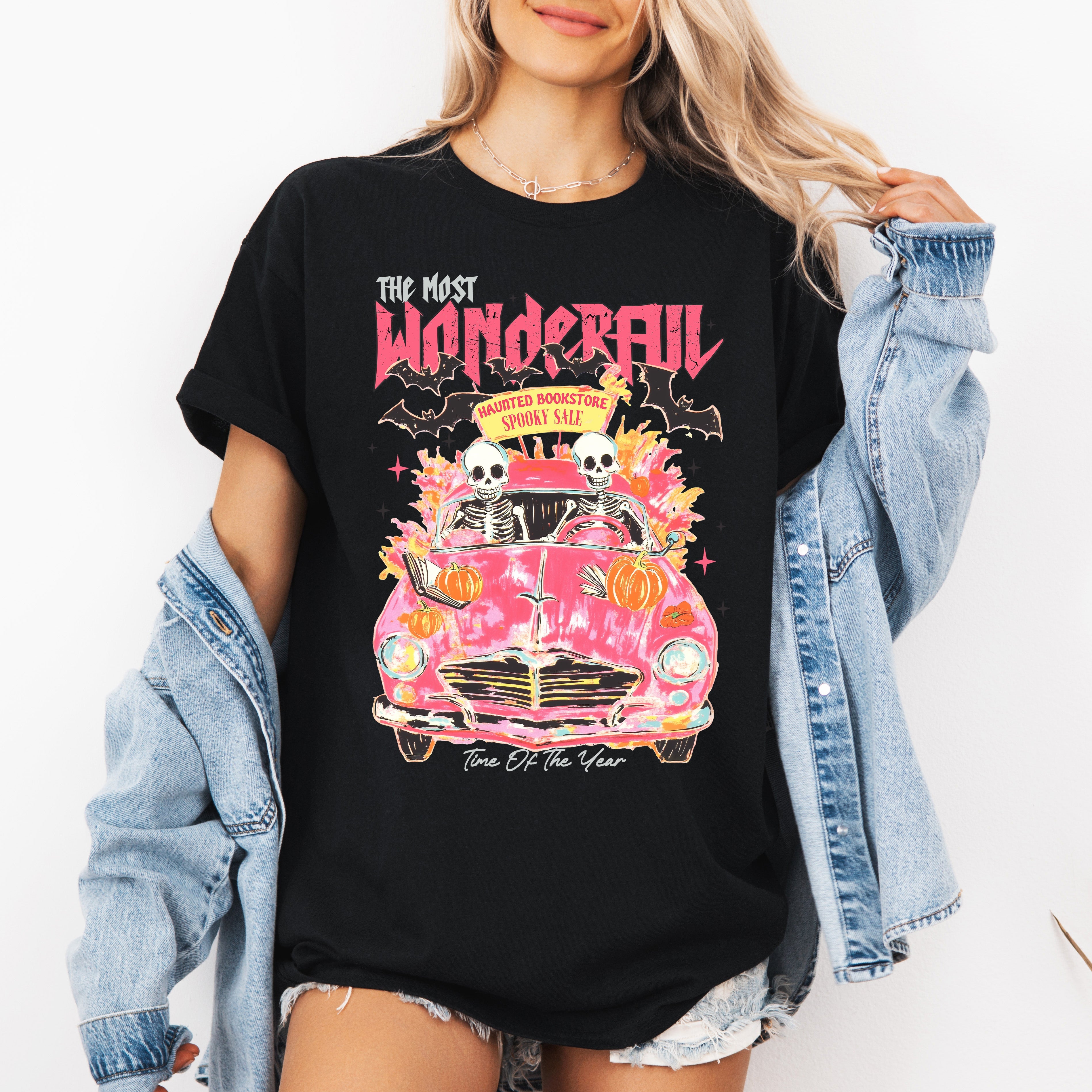 The Most Wonderful Time Of The Year Reading Skeletons Spooky Halloween Graphic Tee