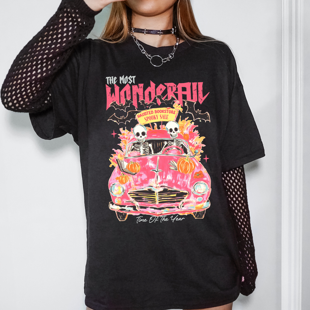 The Most Wonderful Time Of The Year Reading Skeletons Spooky Pink Halloween Graphic Tee
