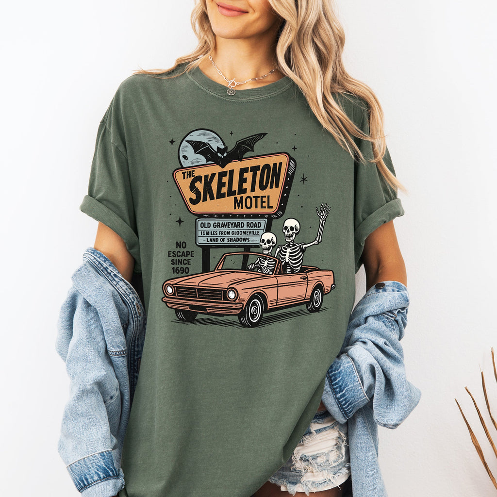 The Skeleton Motel Reading Skeletons Spooky Halloween Graphic Comfort Colors Tee