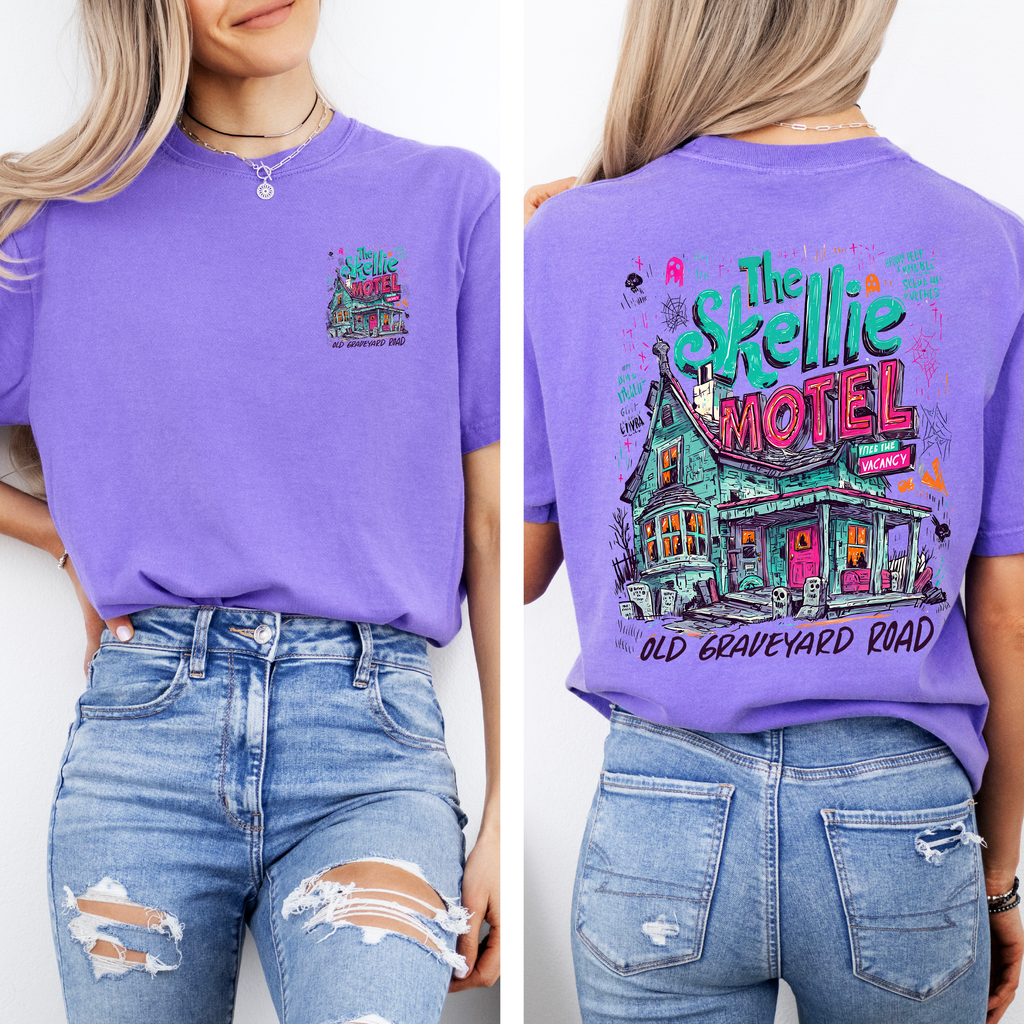 The Skellie Motel Haunted House Front And Back Design With Bats Ghosts And Witches Comfort Colors Tee