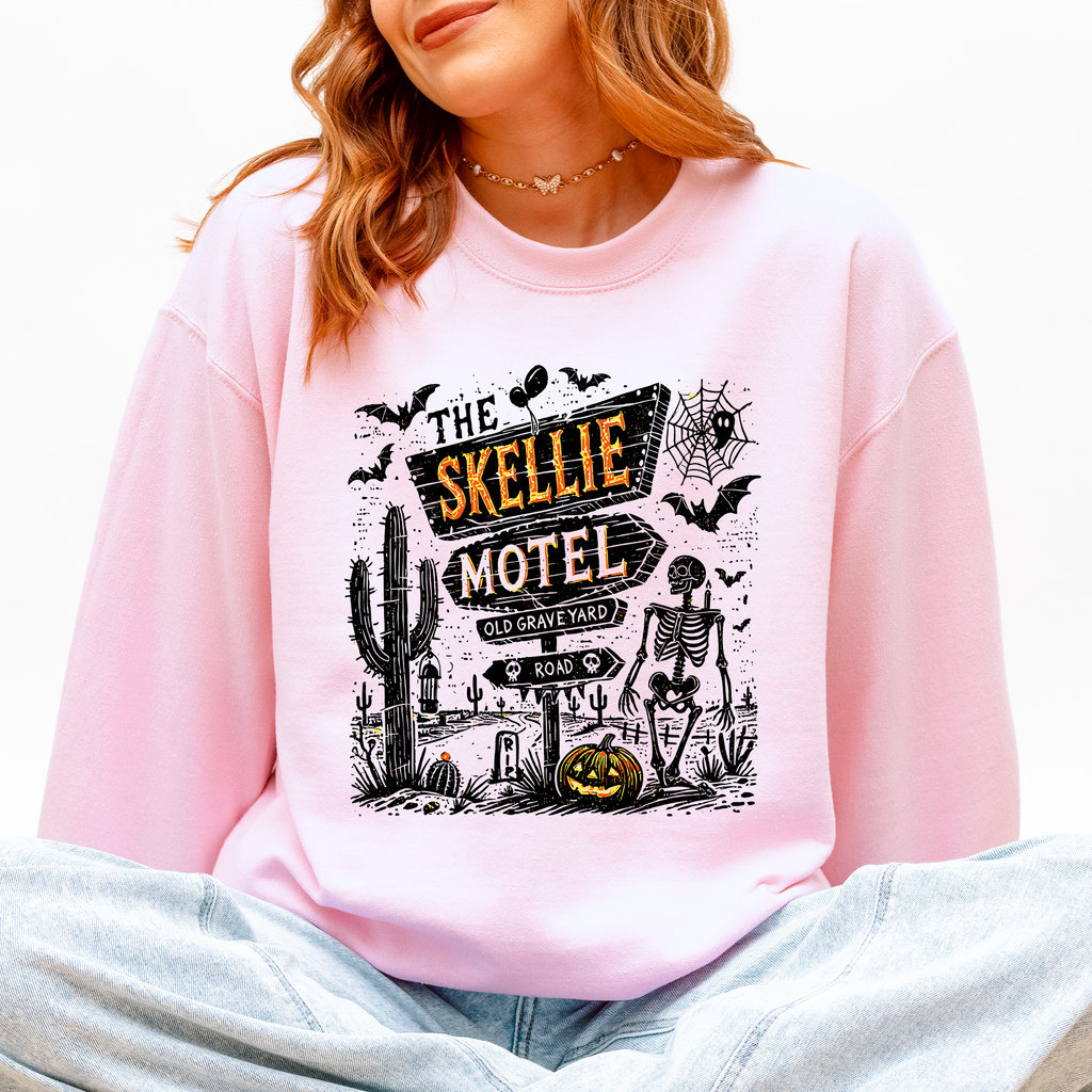 The Skellie Motel Skeleton Halloween Night Haunting Edition With Spooky Vibes And Retro Motel Aesthetic Sweatshirt