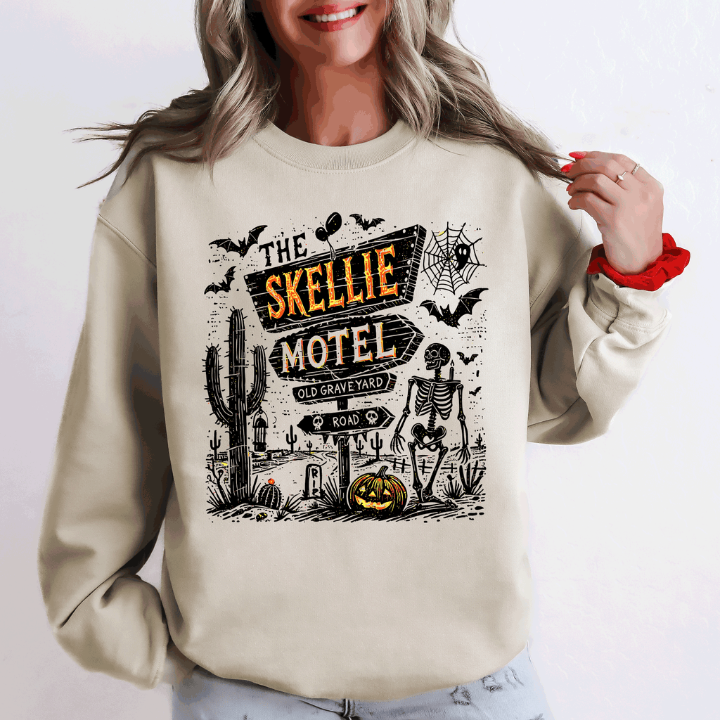 The Skellie Motel Skeleton Halloween Night Haunting Edition With Spooky Vibes And Retro Motel Aesthetic Sweatshirt