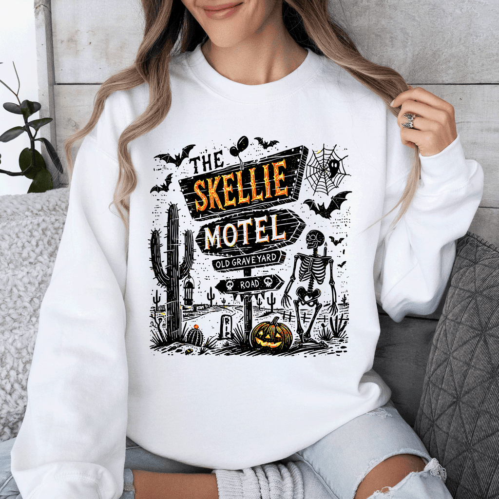 The Skellie Motel Skeleton Halloween Night Haunting Edition With Spooky Vibes And Retro Motel Aesthetic Sweatshirt
