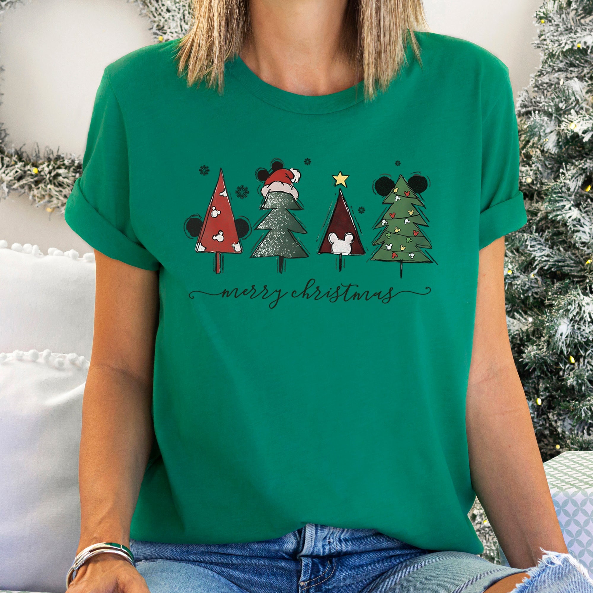 Theme Park Christmas Ears Featuring Merry Christmas Trees Mouse Artwork Graphic Tee