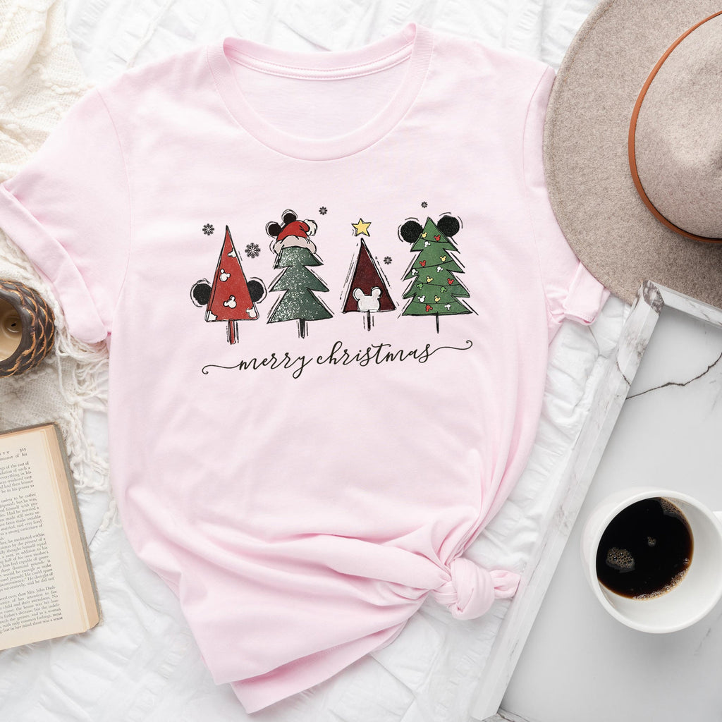 Theme Park Christmas Ears Featuring Merry Christmas Trees Mouse Artwork Graphic Tee