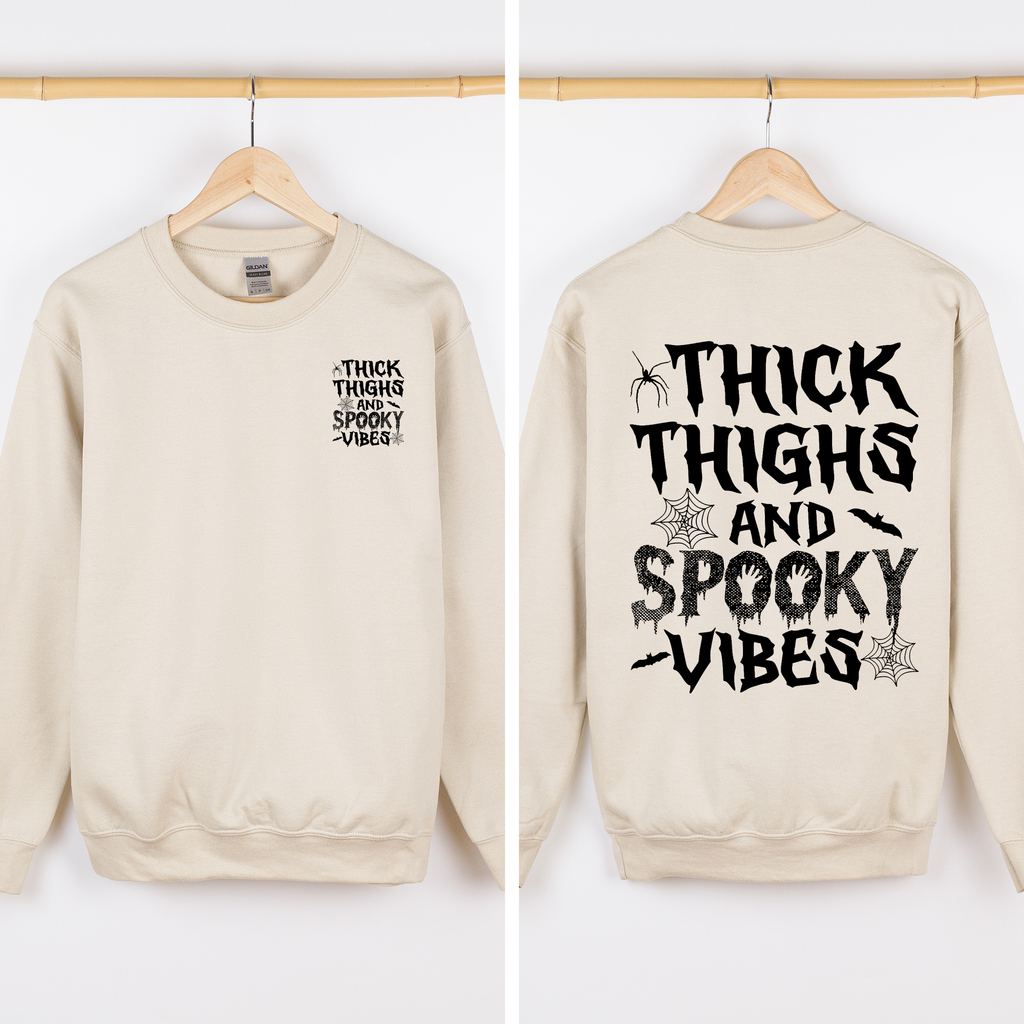 Thick Thighs Spooky Vibes Front And Back Faux Patchwork Lace Ghost Motif With Glitter Accent Halloween Edition Hoodie