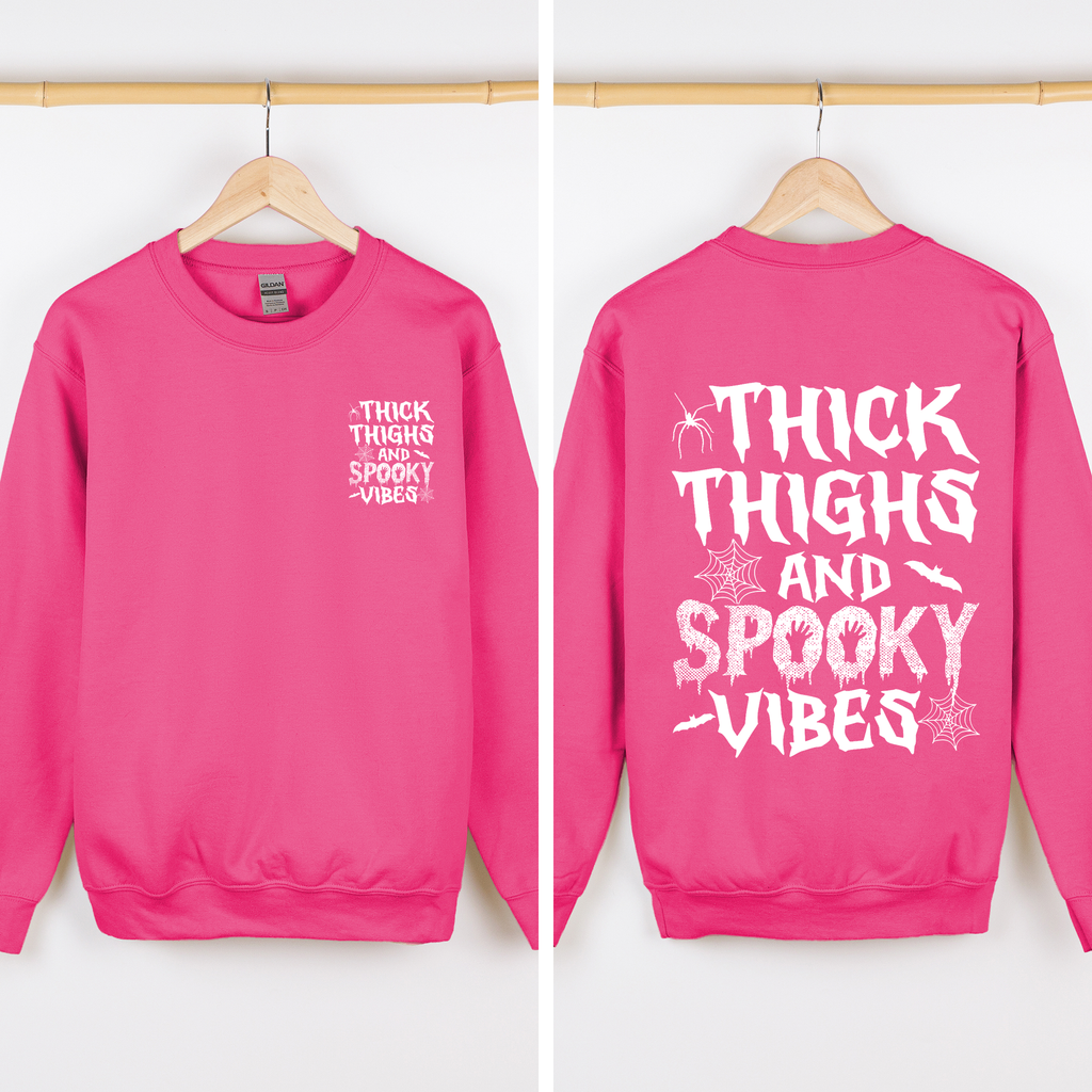 Thick Thighs Spooky Vibes Front And Back Faux Patchwork Lace Ghost Motif With Glitter Accent Halloween Edition Hoodie