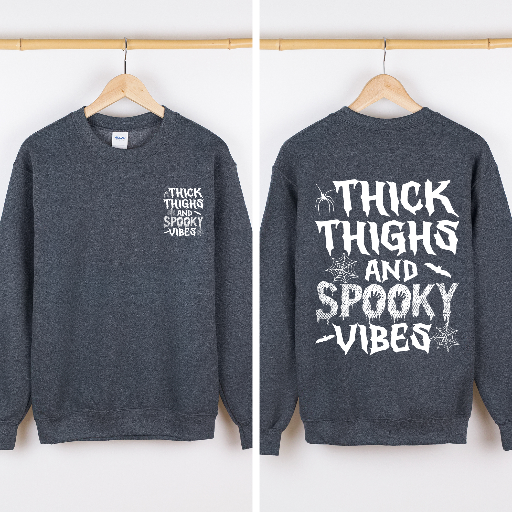 Thick Thighs Spooky Vibes Front And Back Faux Patchwork Lace Ghost Motif With Glitter Accent Halloween Edition Hoodie