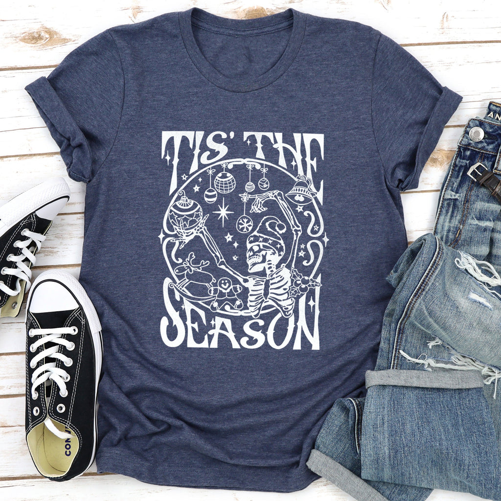 Tis The Season Christmas Skeleton Jolly Dancing Retro Vintage Holiday Cheer Graphic Tee