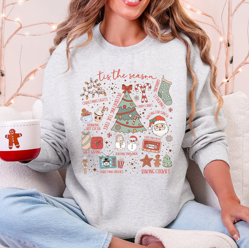 Tis The Season Christmas Santa Tree Snowman Cookies Gifts Cozy Holiday Sweatshirt