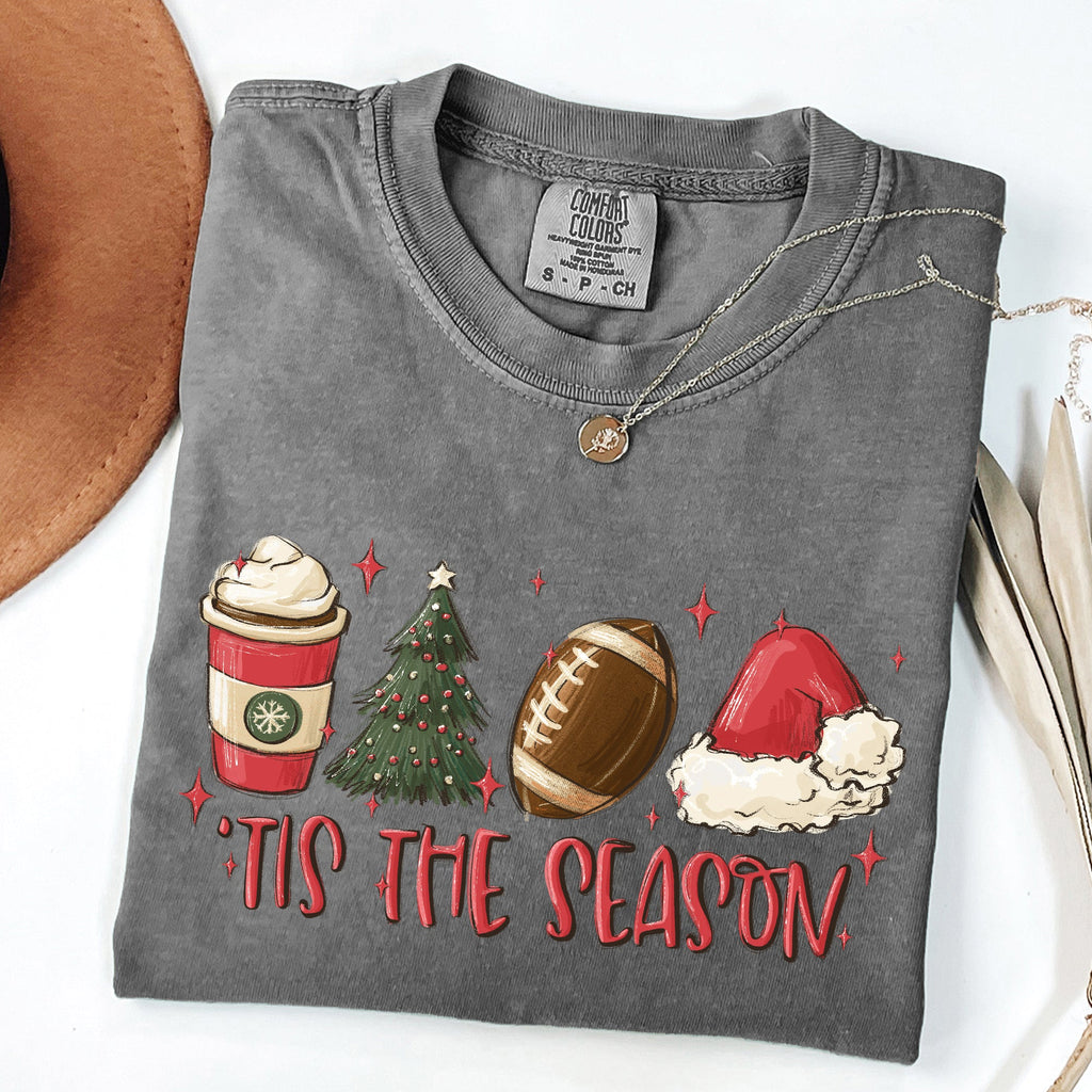 Tis The Season Christmas Football Santa Tree Coffee Winter Xmas Comfort Colors Tee