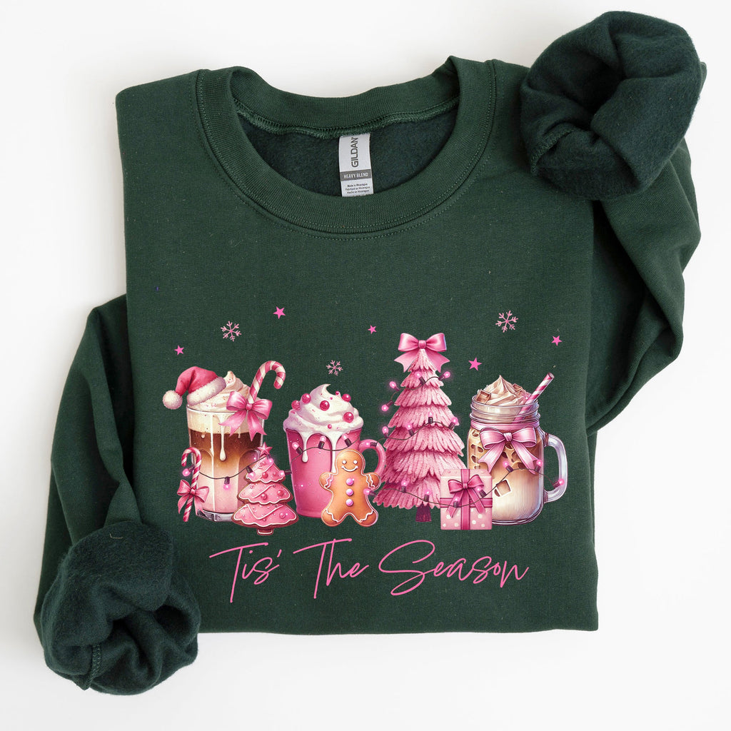 Tis The Season Coffee Drinks Pastel Christmas Pink Snow Cozy Festive Holiday Sweatshirt