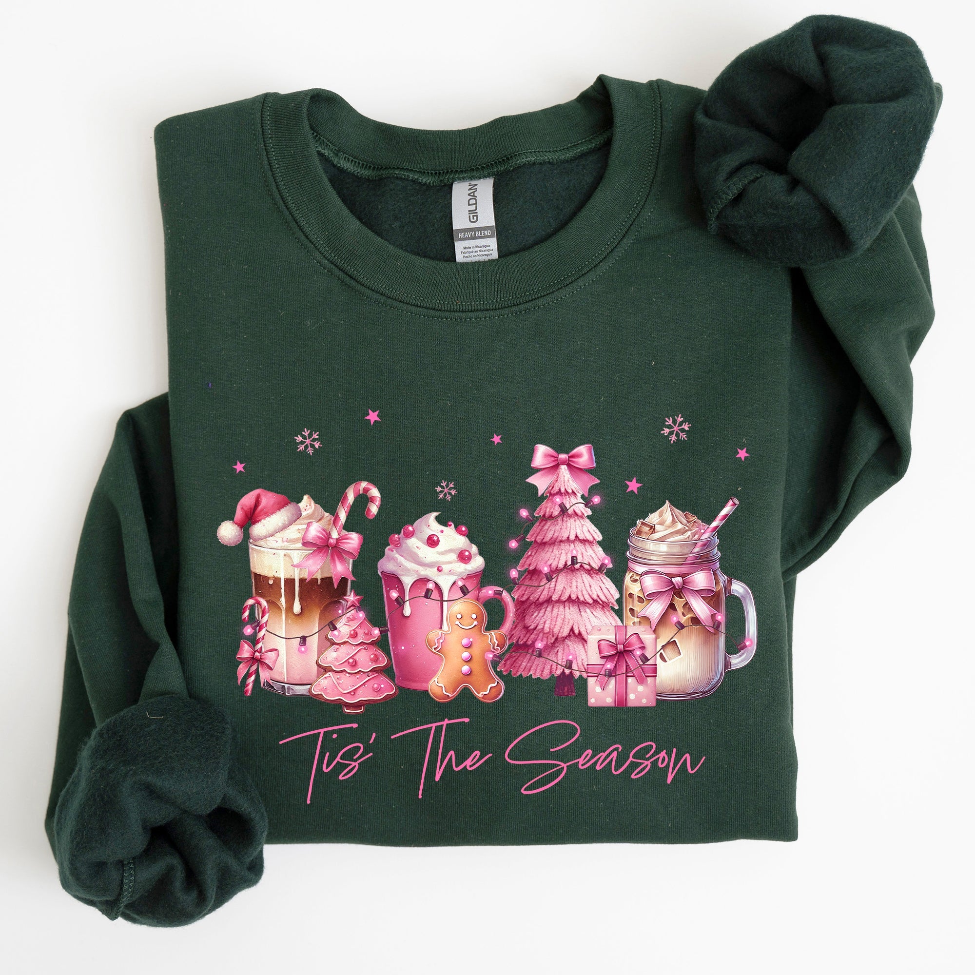 Tis The Season Coffee Drinks Pastel Christmas Pink Snow Cozy Festive Holiday Sweatshirt
