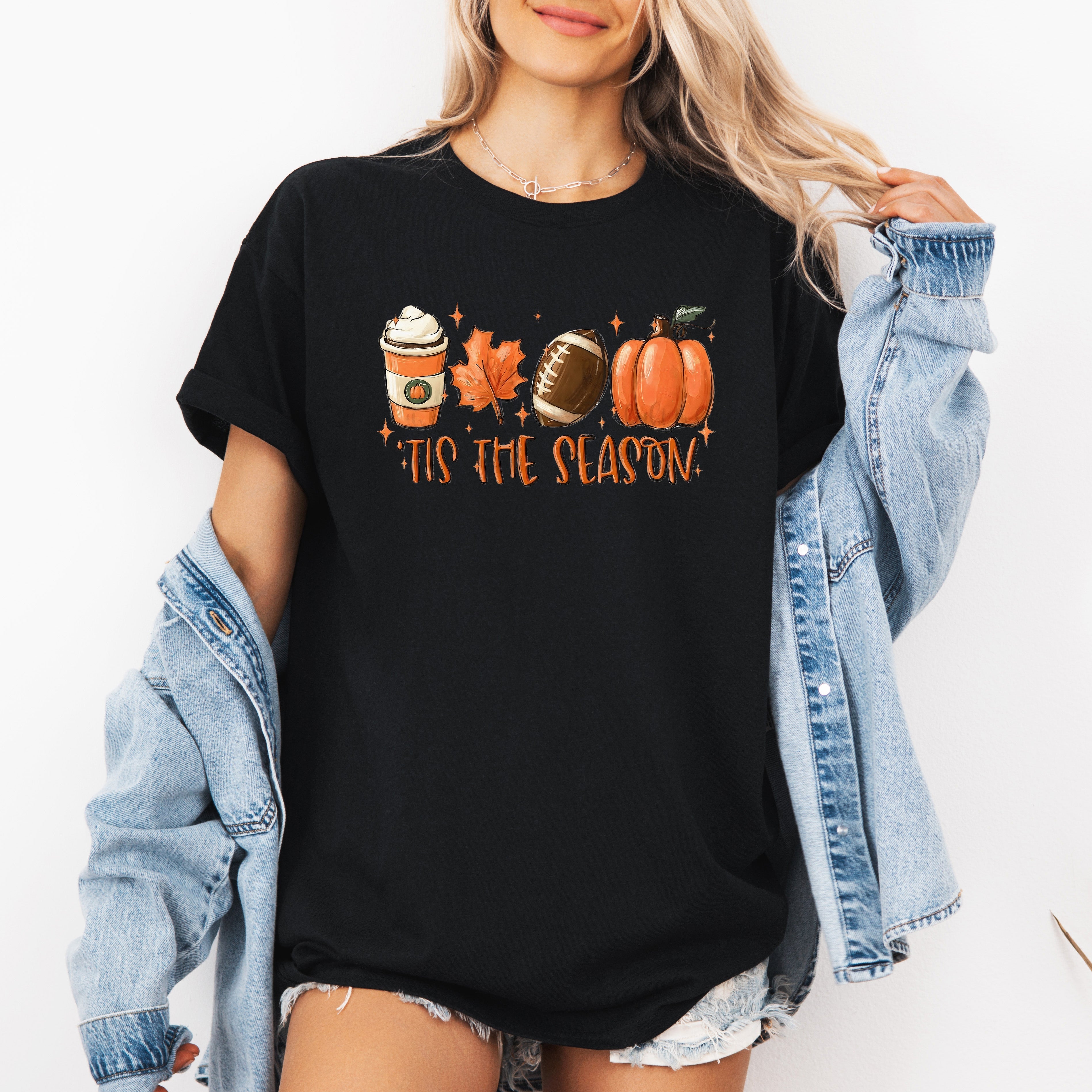 Tis The Season Football Game Day Pumpkin Coffee Autumn Fall Seasonal Graphic Tee