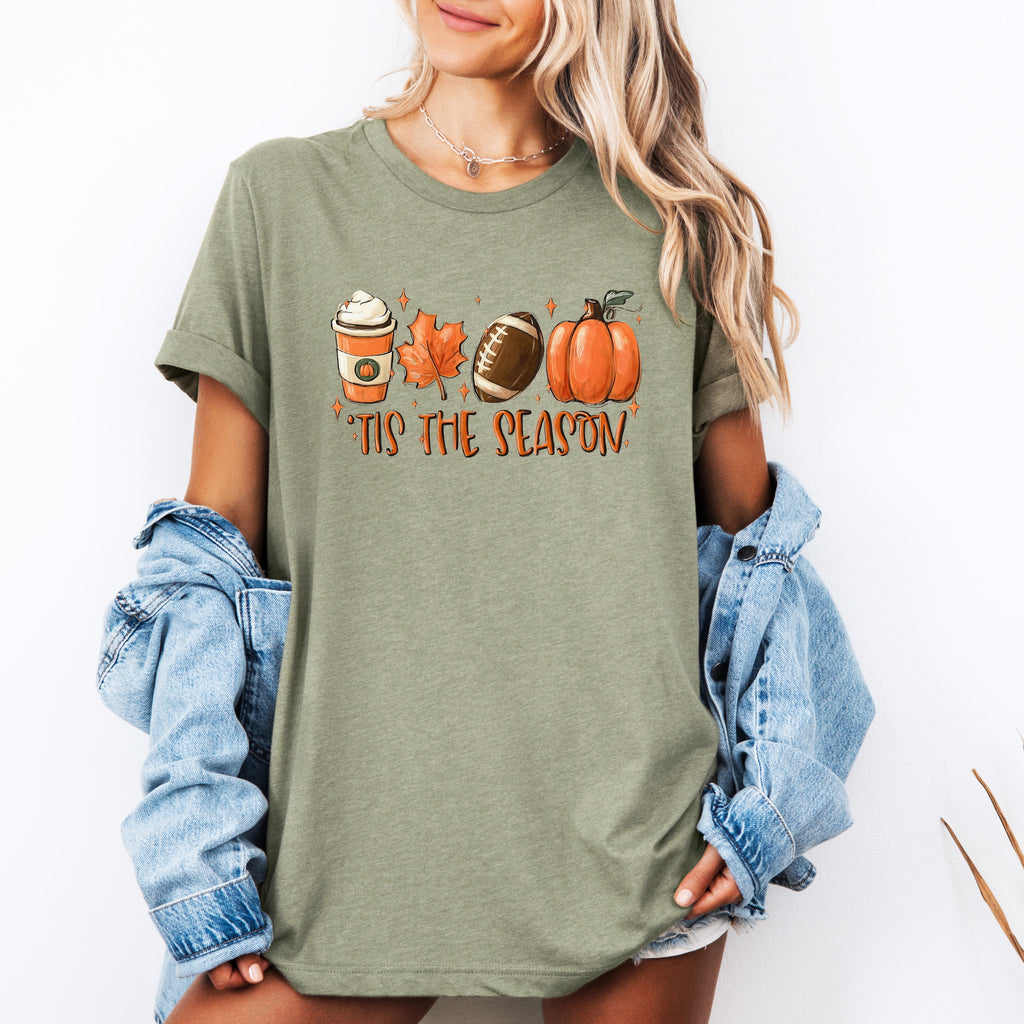 Tis The Season Football Game Day Pumpkin Coffee Autumn Fall Seasonal Graphic Tee