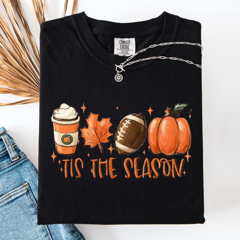 Tis The Season Football Game Day Pumpkin Coffee Autumn Fall Edition Comfort Colors Tee