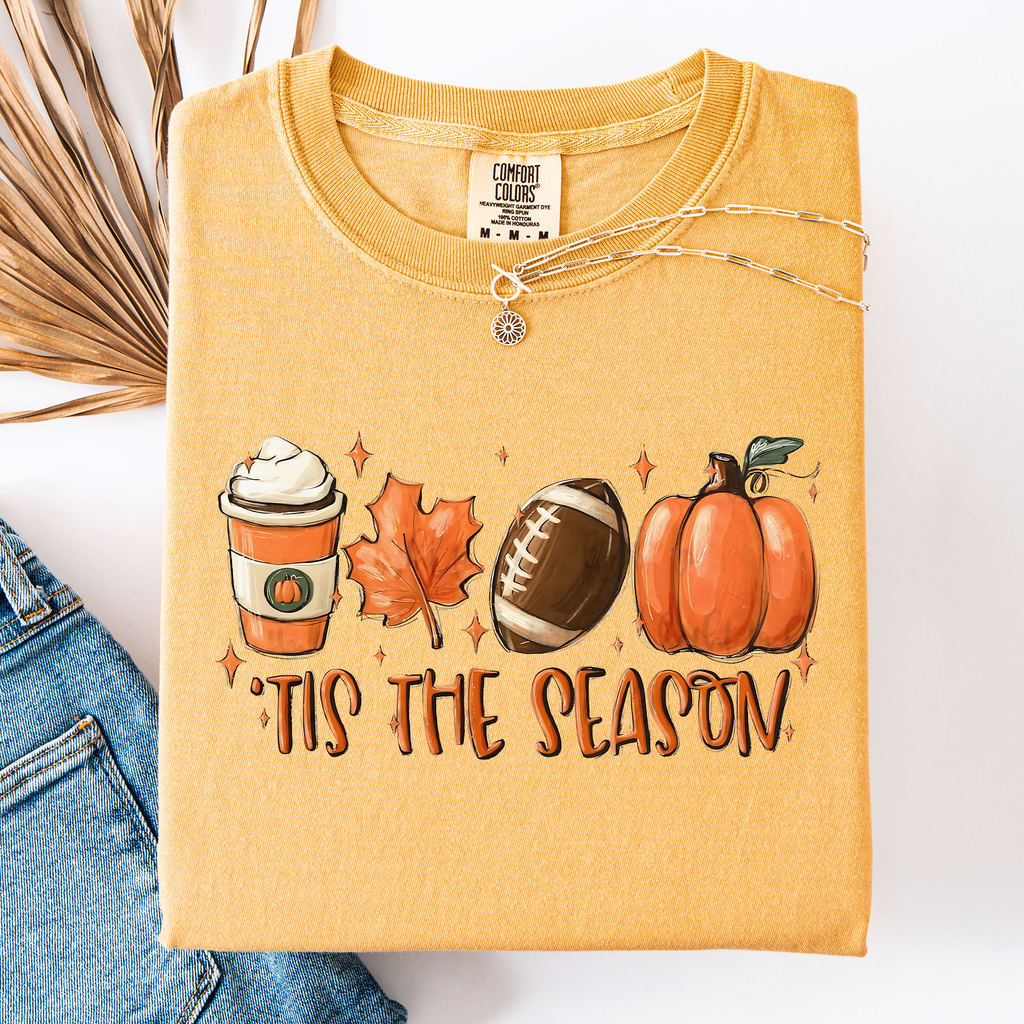 Tis The Season Football Game Day Pumpkin Coffee Autumn Fall Edition Comfort Colors Tee