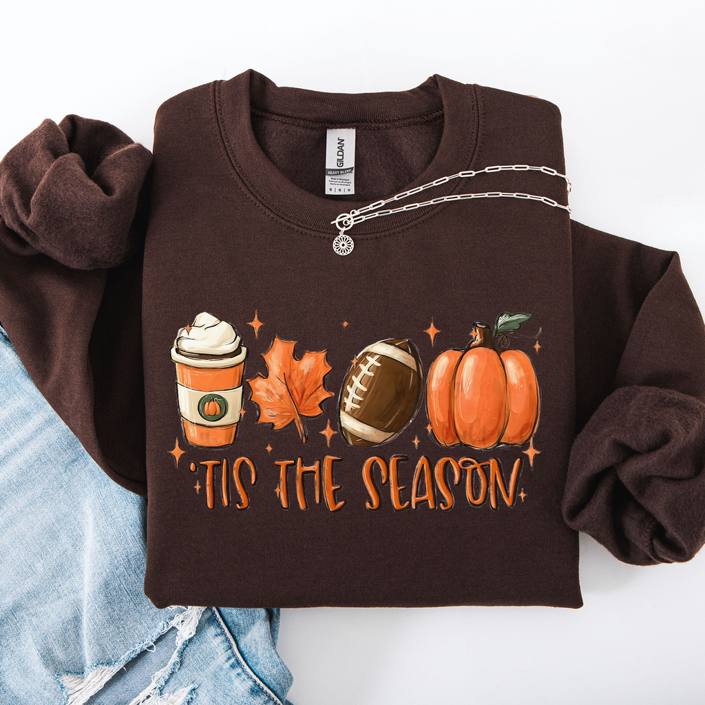 Tis The Season Football Game Day Pumpkin Coffee Autumn Fall Cozy Weather Sweatshirt