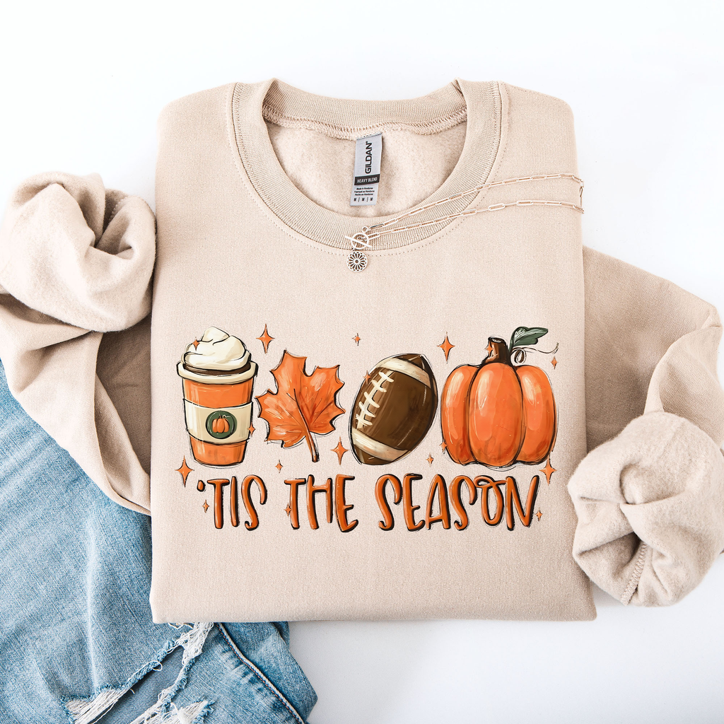 Tis The Season Football Game Day Pumpkin Coffee Autumn Fall Cozy Weather Sweatshirt