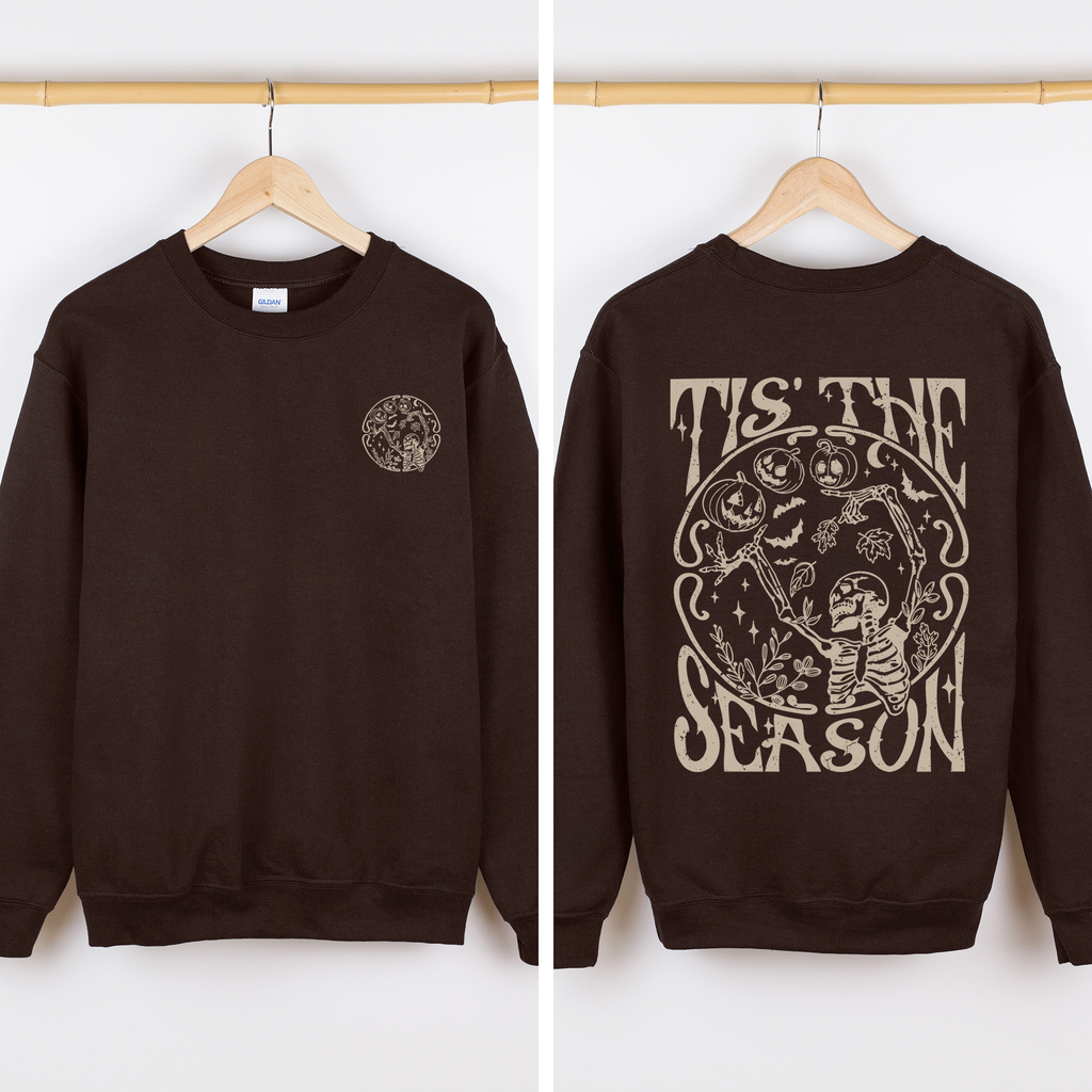 Tis The Season Front And Back Spooky Skeleton Graphic Halloween Holiday Sweatshirt