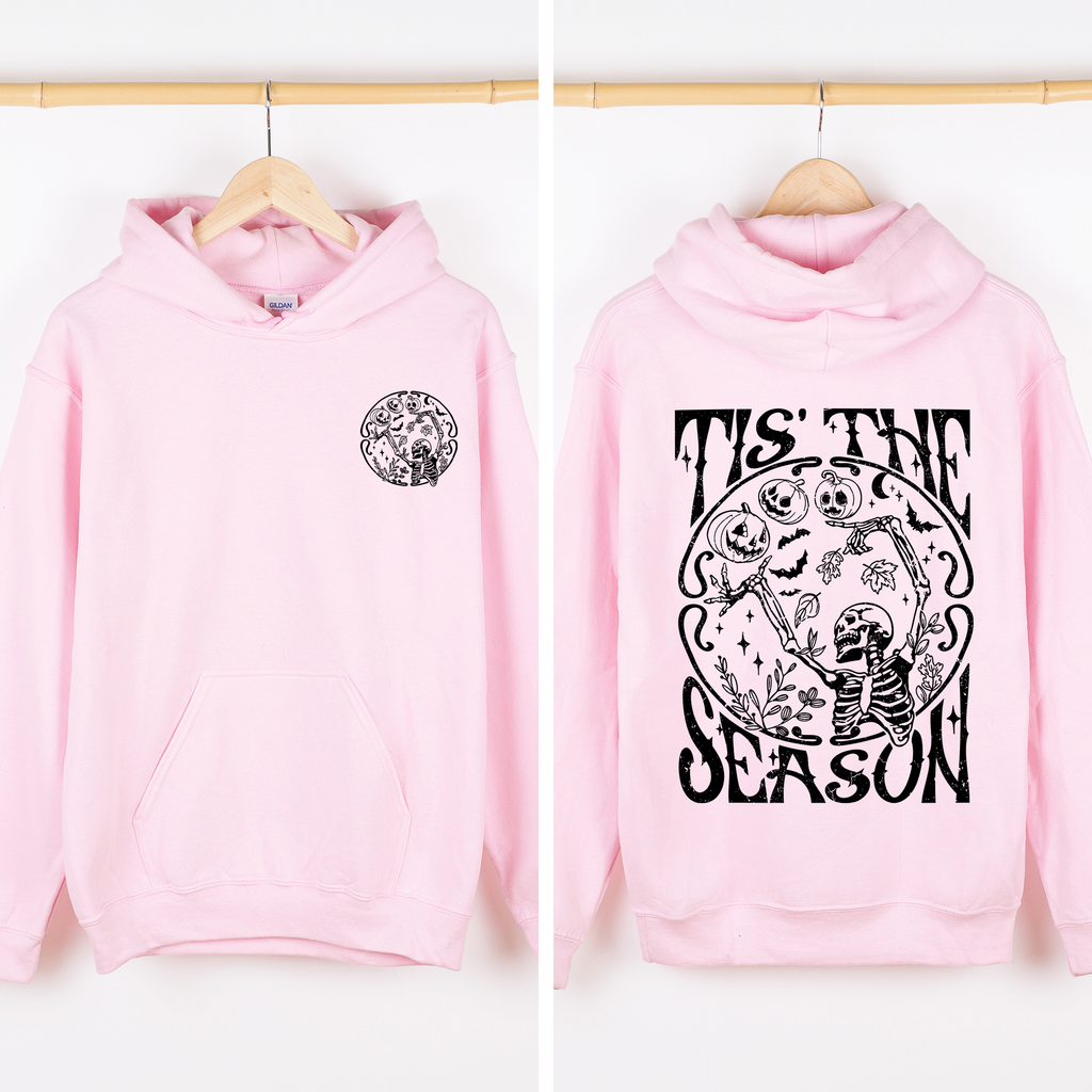 Tis The Season Spooky Skeleton Pink Ribbon Lace Front And Back Halloween Graphic Hoodie