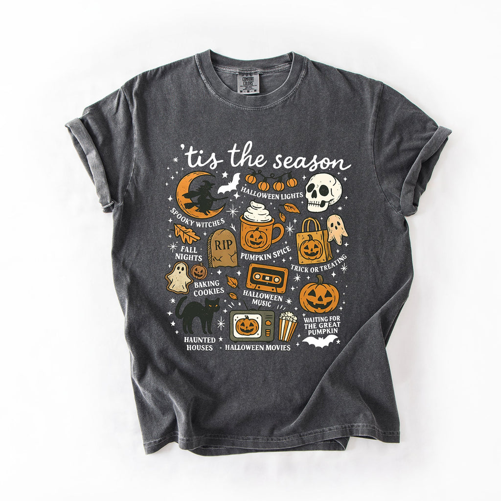 Tis The Season Halloween Skeleton Black Cat Witch Ghost Pumpkin Comfort Colors Tee