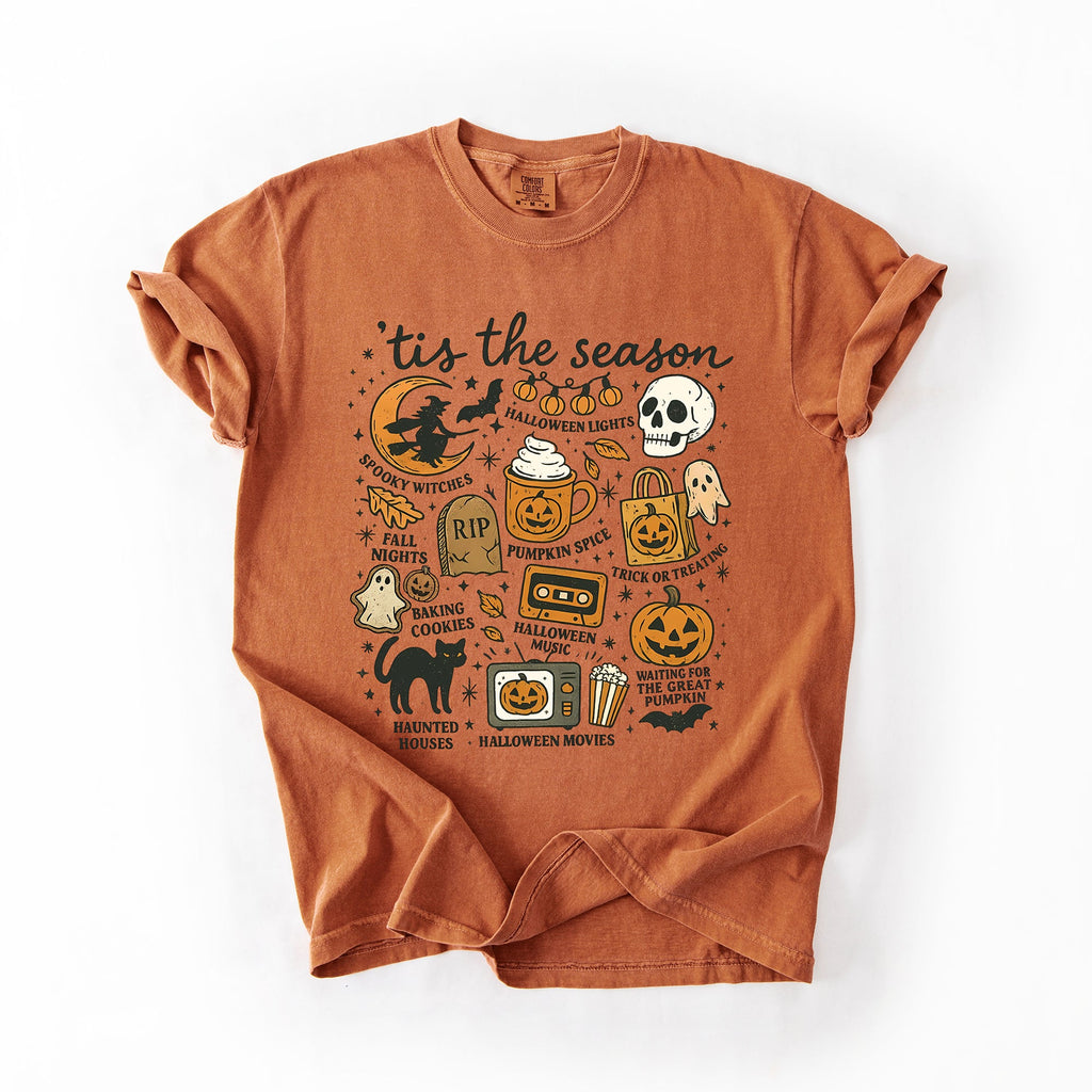 Tis The Season Halloween Skeleton Black Cat Witch Ghost Pumpkin Comfort Colors Tee