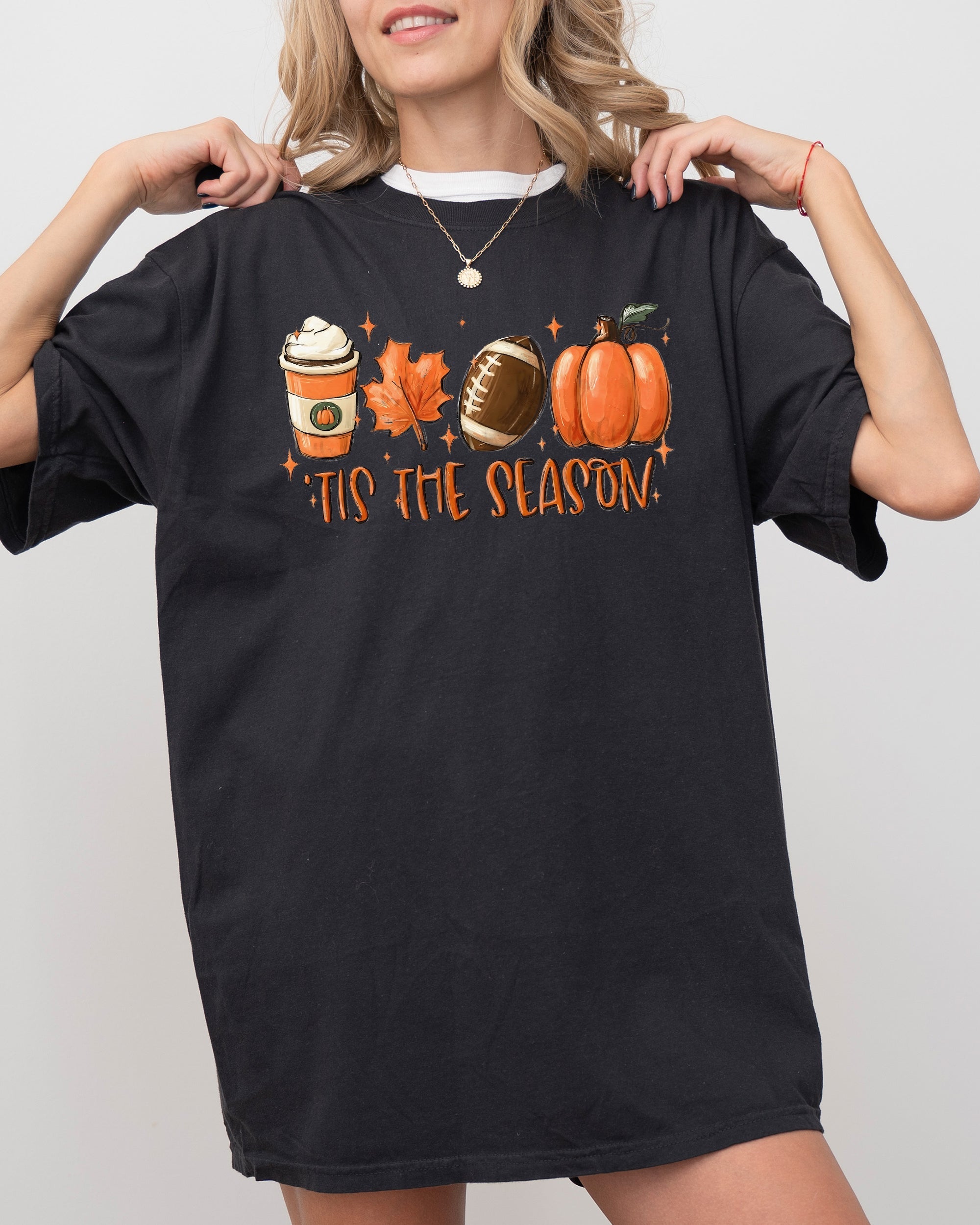Tis The Season Pumpkin Spice Latte Football Leaves Coffee Autumn Fall Comfort Colors Tee