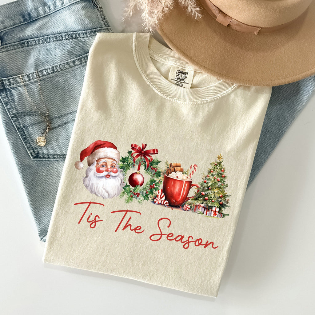 Tis The Season Retro Santa Coffee Christmas Tree Xmas Holiday Edition Comfort Colors Tee