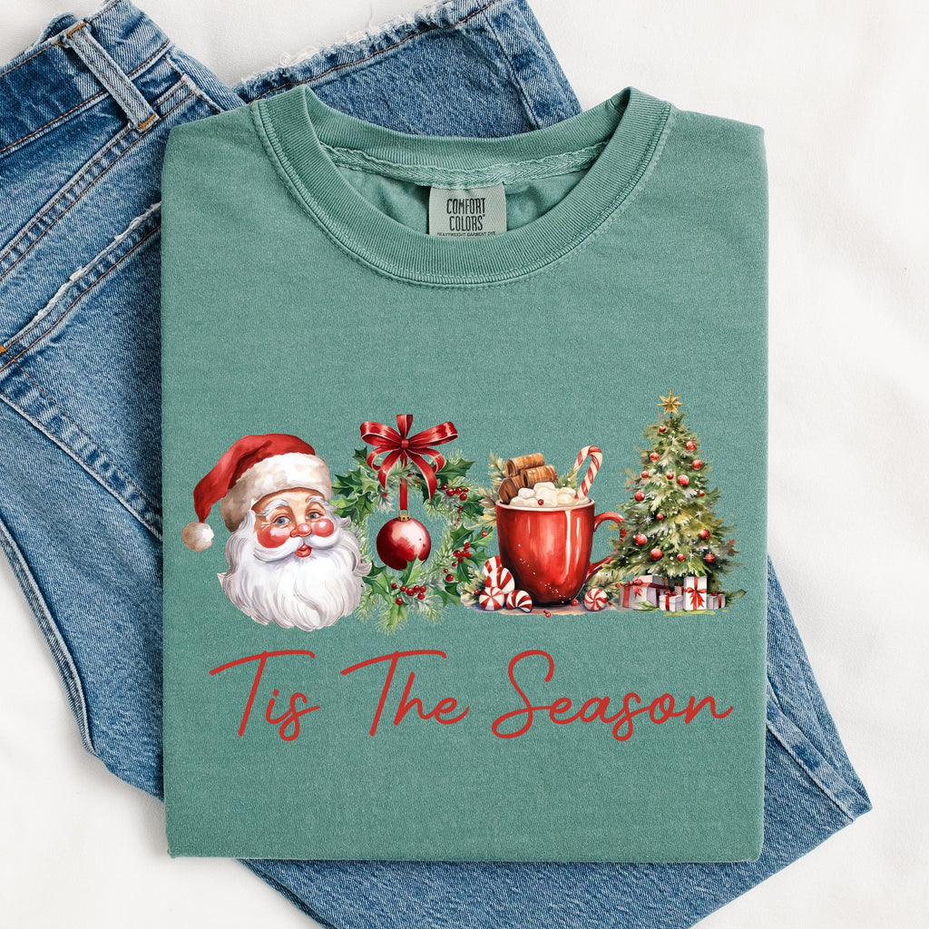 Tis The Season Retro Santa Coffee Christmas Tree Xmas Holiday Edition Comfort Colors Tee
