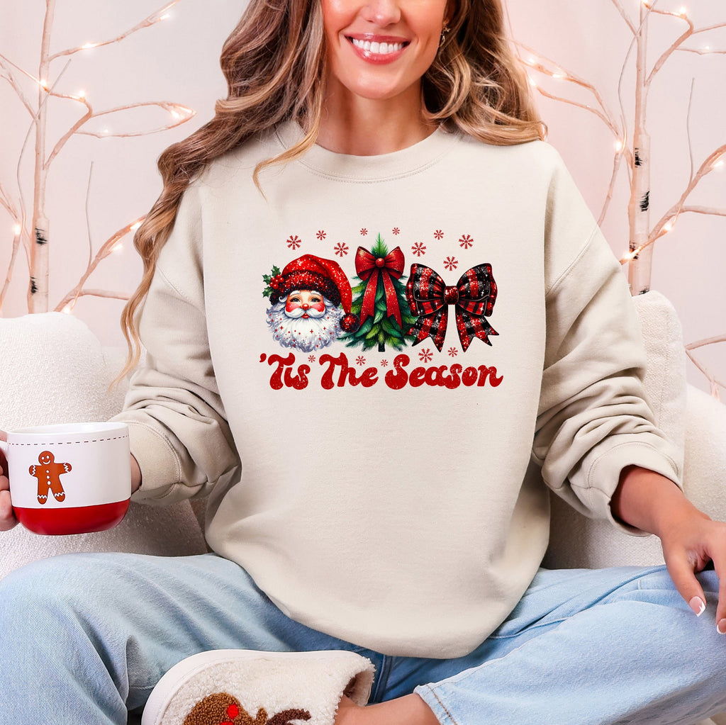 Tis The Season Santa Christmas Tree Checkered Bow Ribbon Holiday Cheer Festive Collection Sweatshirt