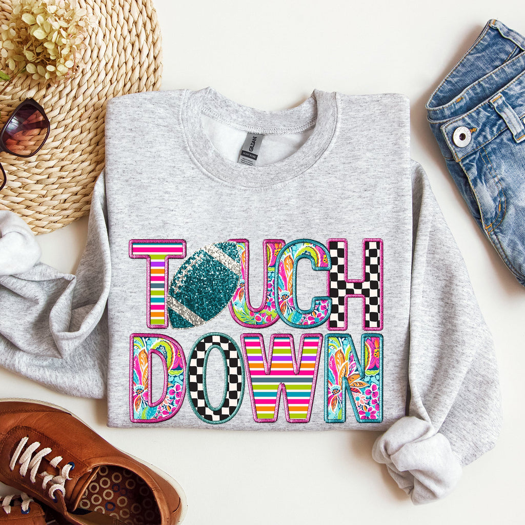 Touchdown Faux Printed Embroidery Look Colorful Girly Football Sports Game Day Big Game Tailgate Party Sweatshirt
