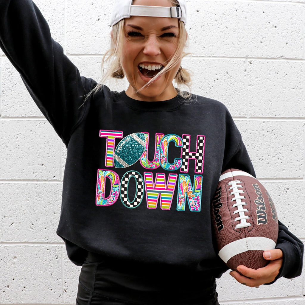 Touchdown Faux Printed Embroidery Look Colorful Girly Football Sports Game Day Big Game Tailgate Party Sweatshirt