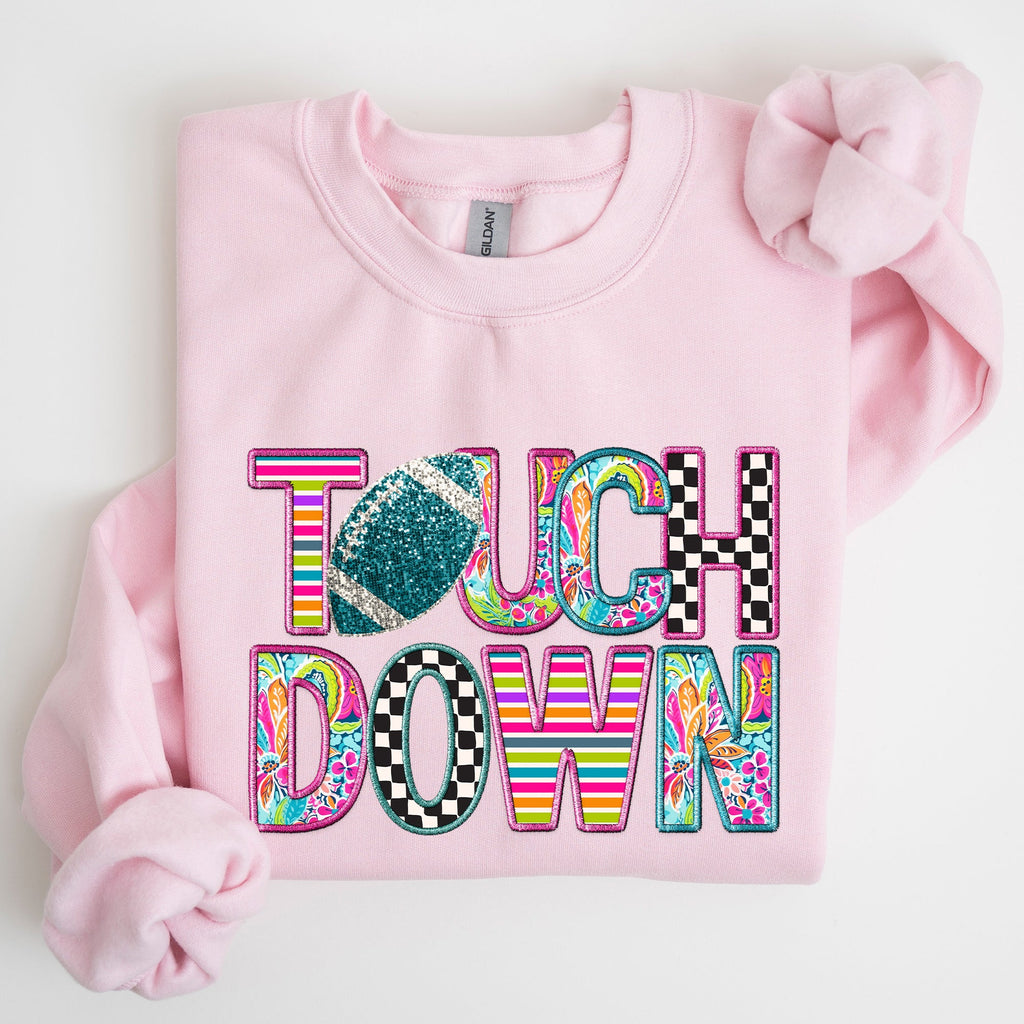 Touchdown Faux Printed Embroidery Look Colorful Girly Football Sports Game Day Big Game Tailgate Party Sweatshirt