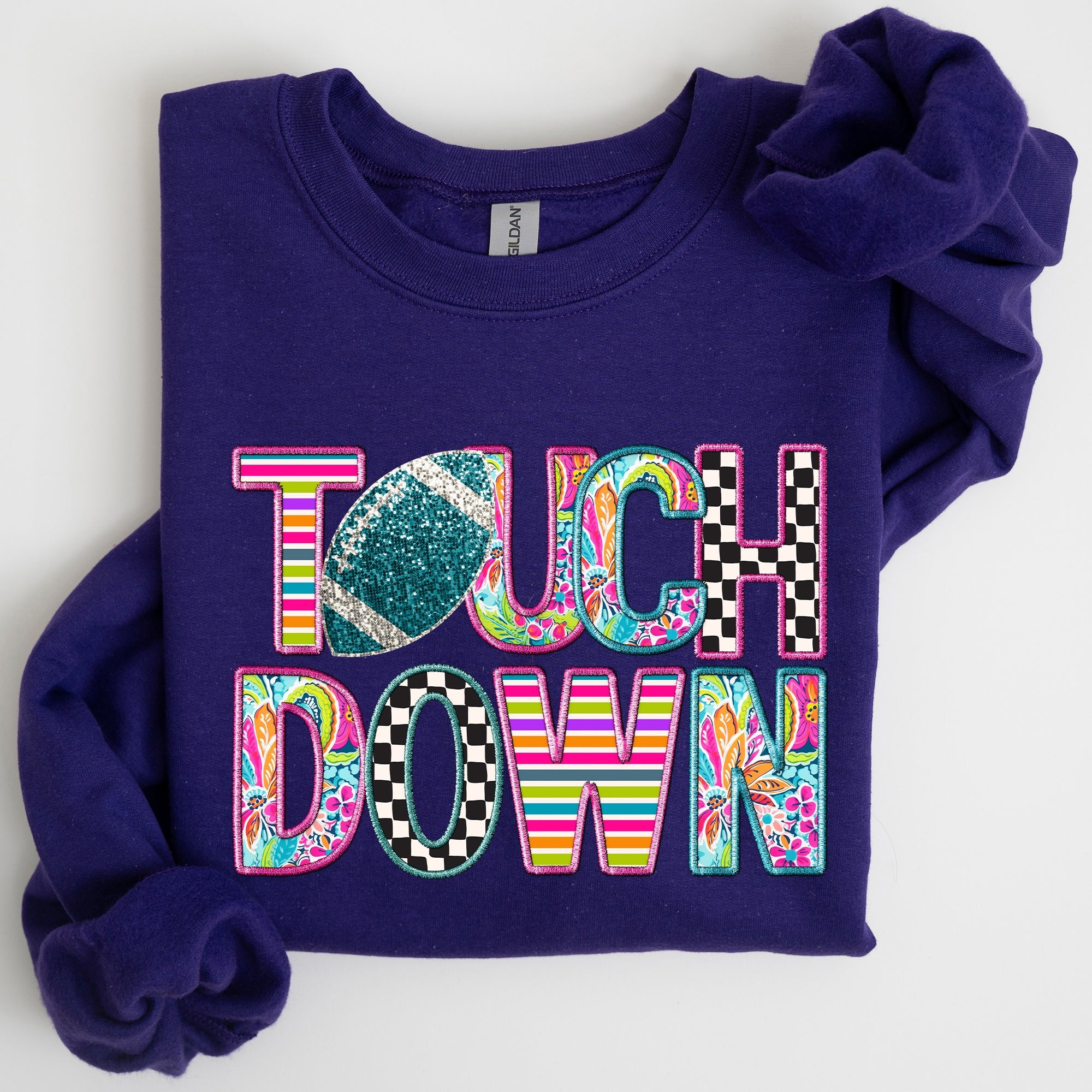 Touchdown Faux Printed Embroidery Look Colorful Girly Football Sports Game Day Big Game Tailgate Party Sweatshirt