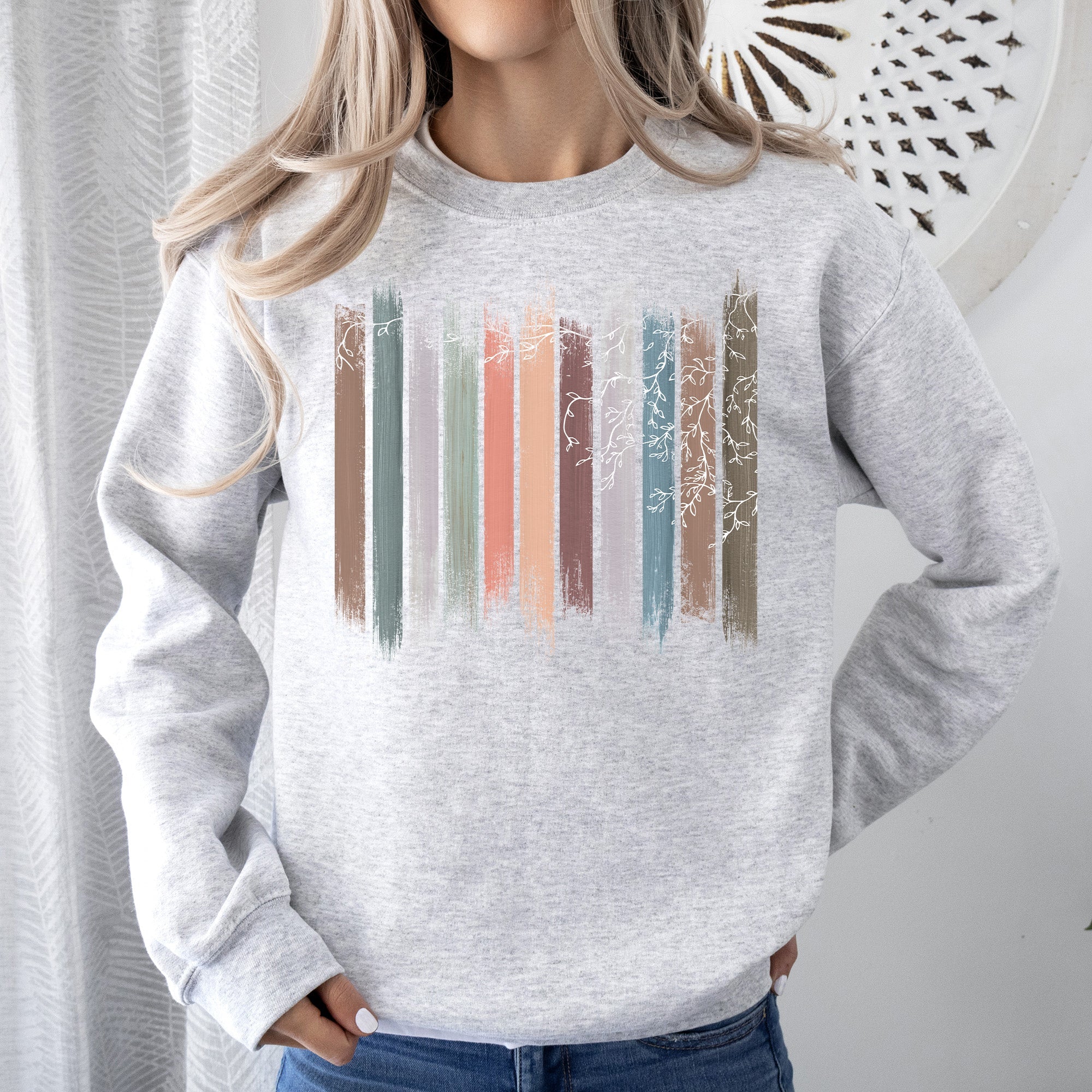 Trailing Vines, Nature, Botanical Stripes Inspired Foliage Pattern Cozy Fleece Sweatshirt