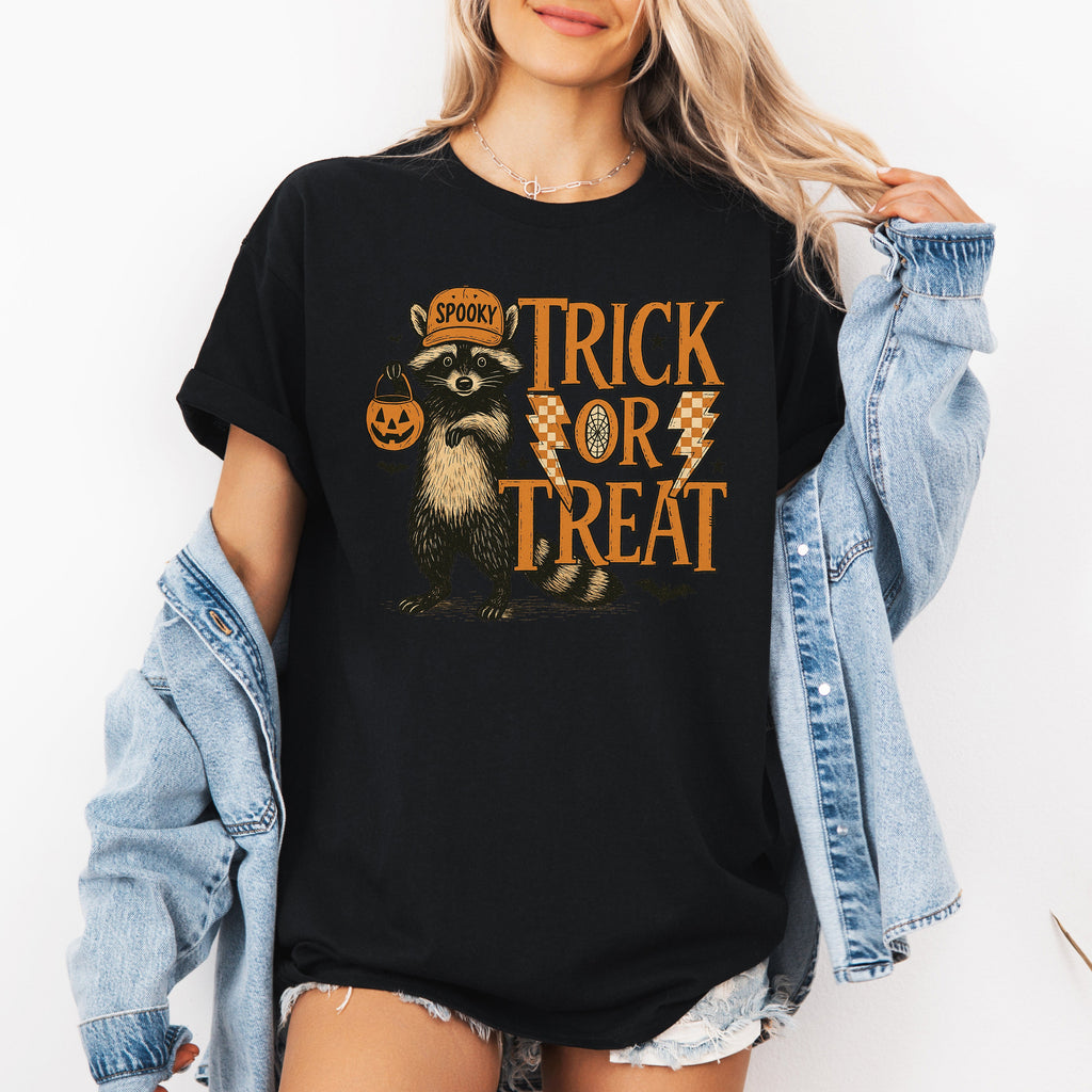 Trick Or Treat Raccoon Graphic Tee Halloween Spooky Season Costume Party Limited Edition