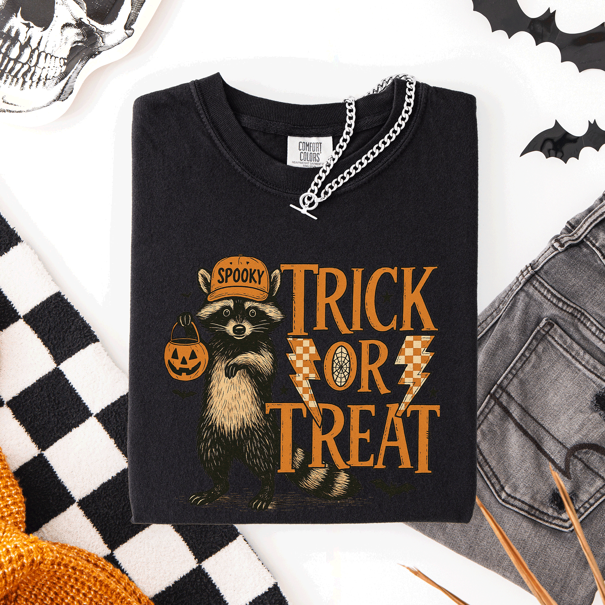 Trick or Treat Raccoon Halloween Mischief With Skeletons Ghosts Cats And Pumpkins Comfort Colors Tee