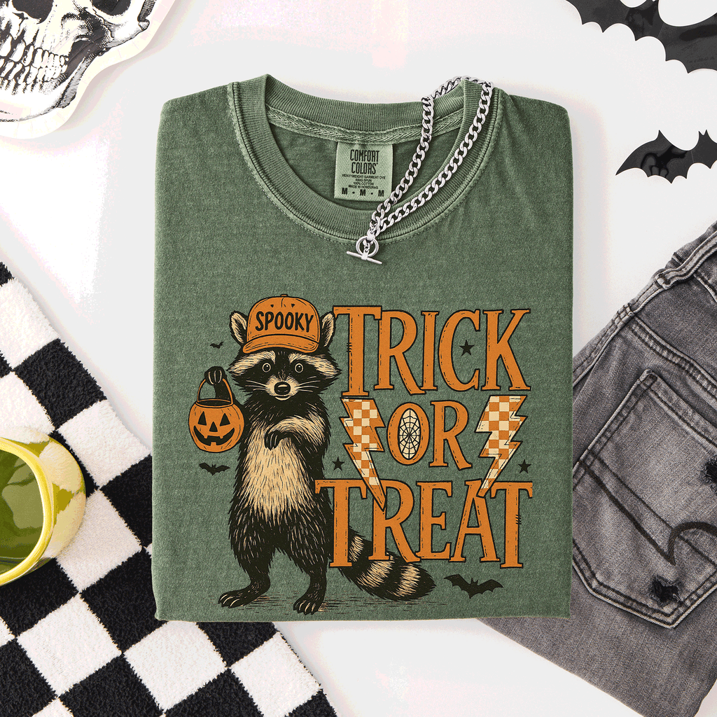 Trick or Treat Raccoon Halloween Mischief With Skeletons Ghosts Cats And Pumpkins Comfort Colors Tee