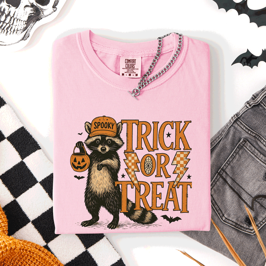 Trick or Treat Raccoon Halloween Mischief With Skeletons Ghosts Cats And Pumpkins Comfort Colors Tee