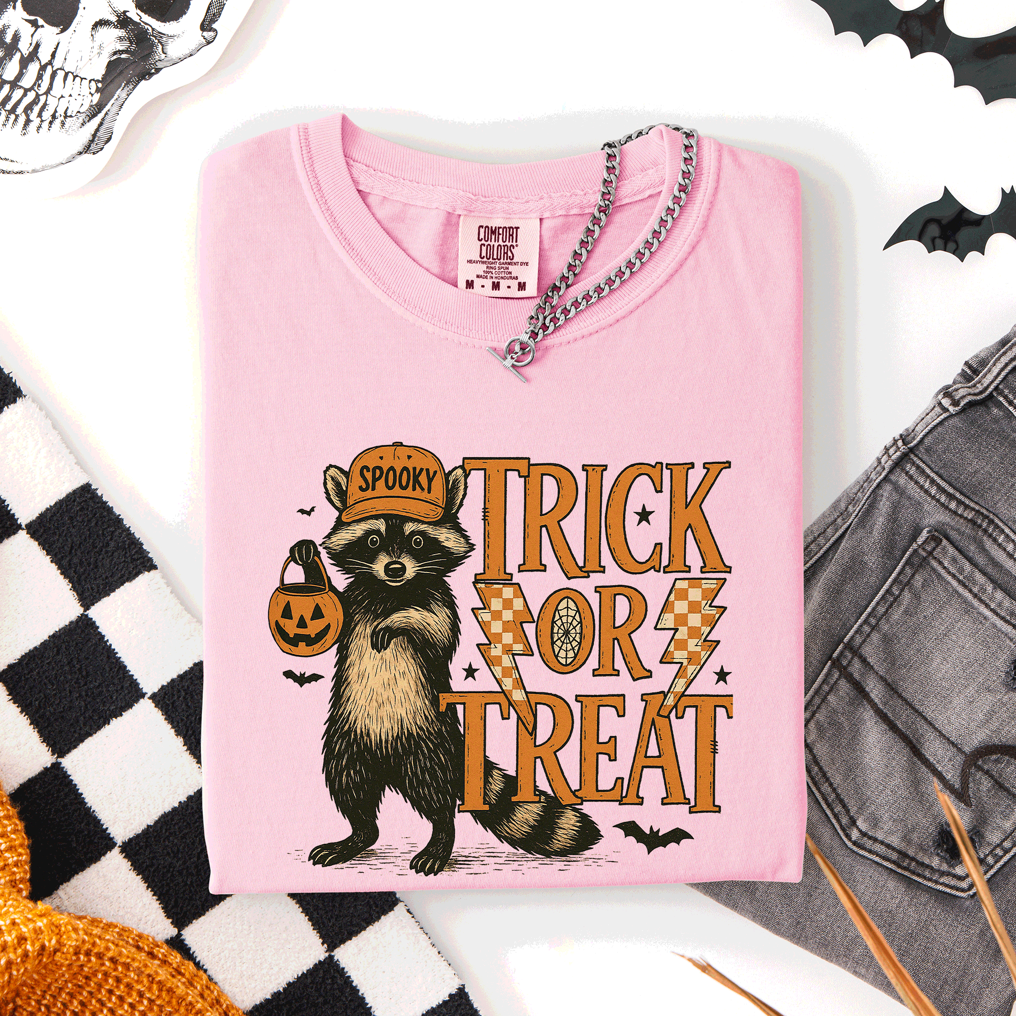 Trick or Treat Raccoon Halloween Mischief With Skeletons Ghosts Cats And Pumpkins Comfort Colors Tee