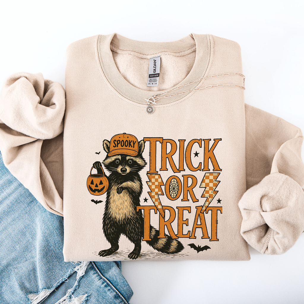 Trick Or Treat Raccoon Halloween Spooky Cozy Premium Graphic Edition Soft Warm Everyday Sweatshirt