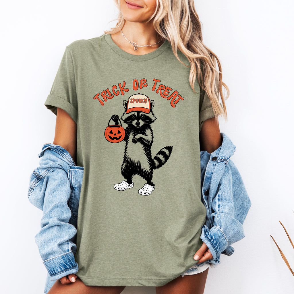 Trick Or Treat, Feral Raccoon Halloween Mischief Edition Spooky Nighttime Vibes Graphic Tee
