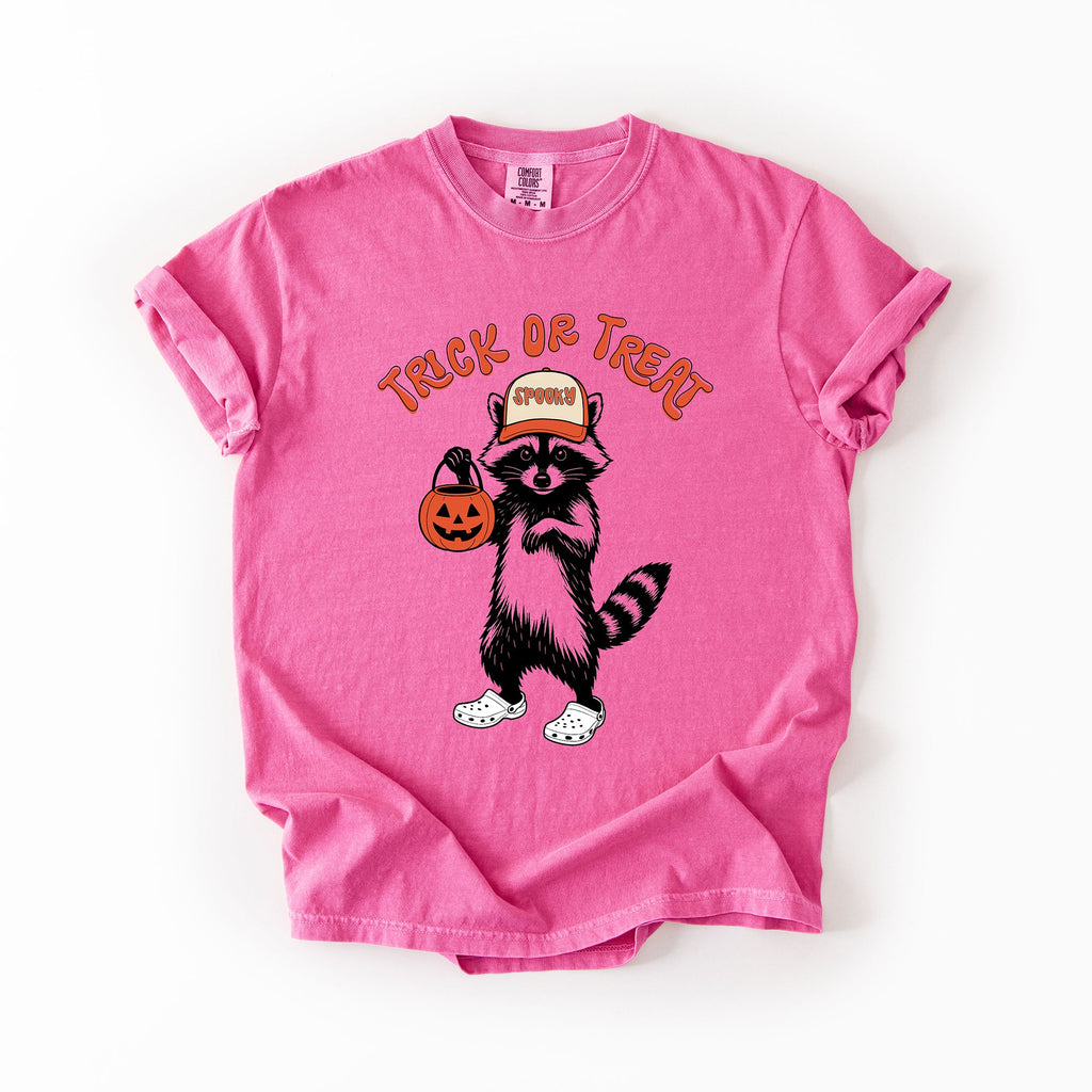 Trick Or Treat Feral Raccoon Halloween Skeletons Ghosts Witches Cats Pumpkins Graphic Comfort Colors Tee
