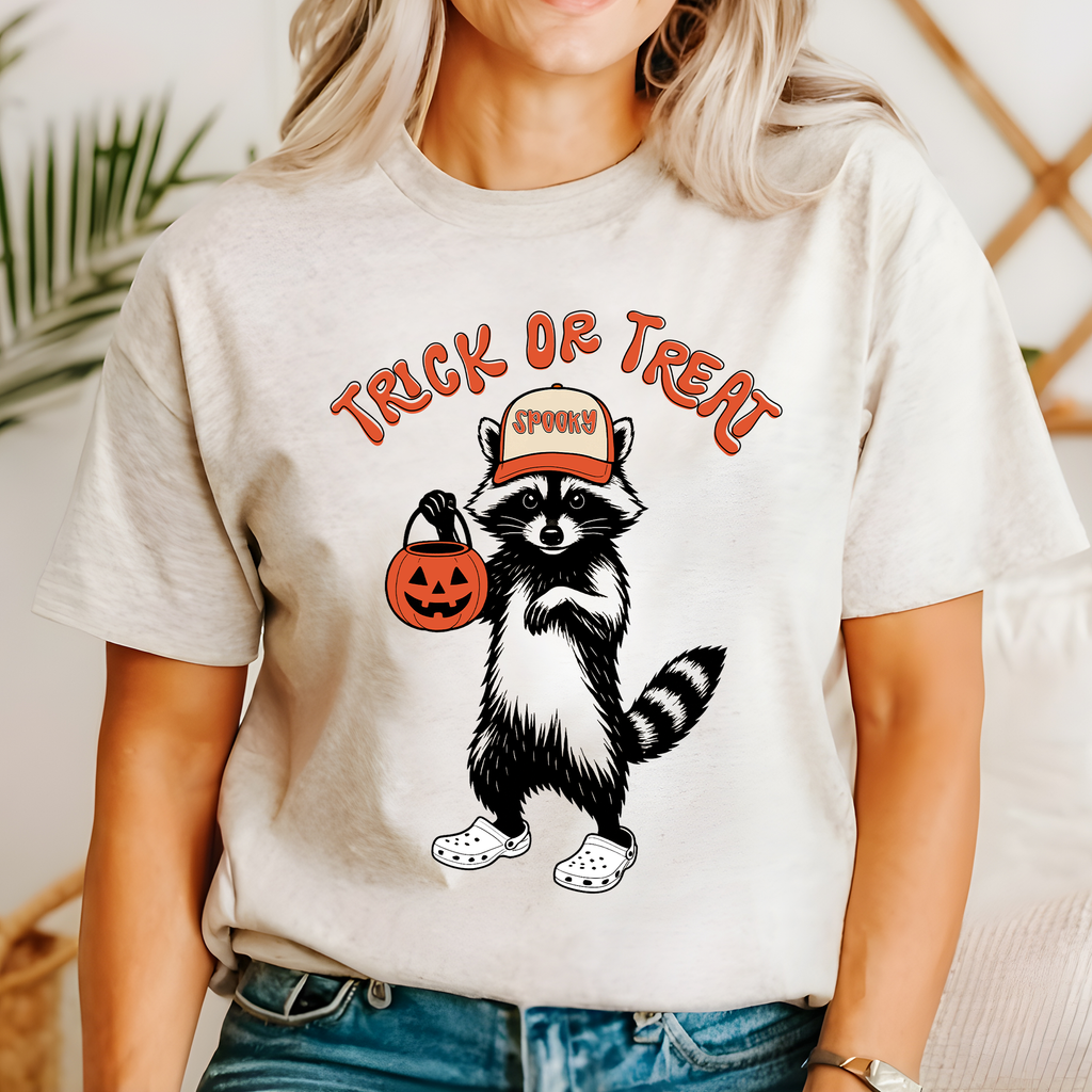 Trick Or Treat Feral Raccoon Halloween Spooky Night Mischief Moonlit Midnight Howl Graphic Tee