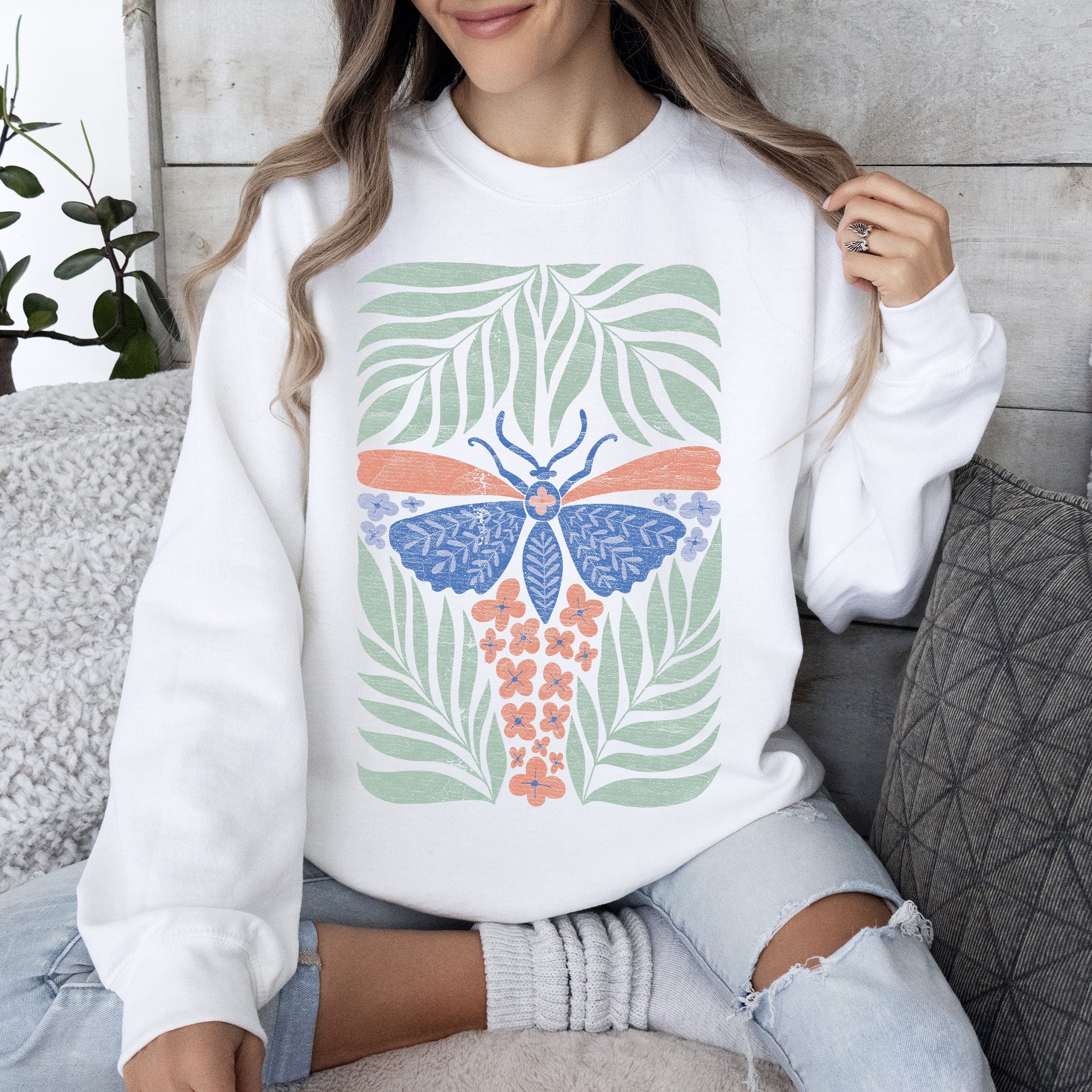 Timeless Tropical Butterfly and Palm Boho Print Design for Cozy All-Season Sweatshirt