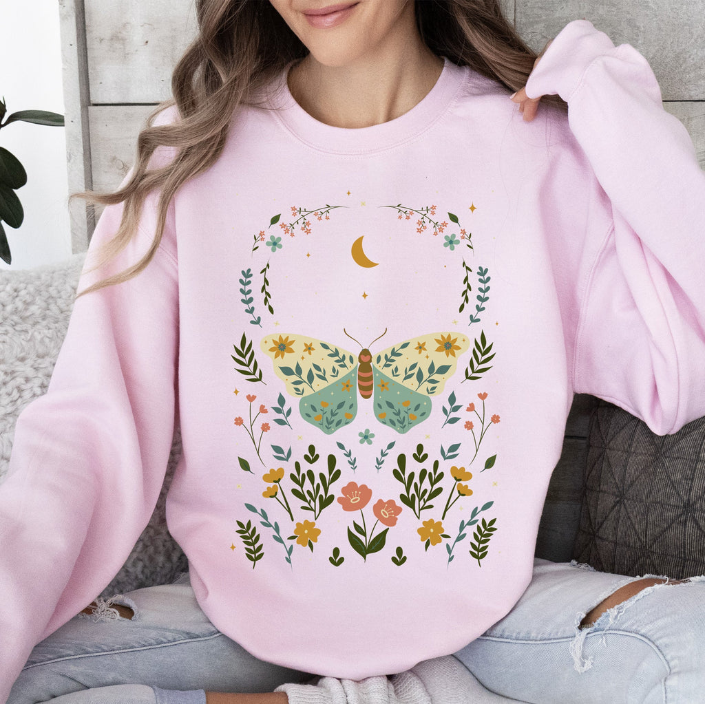Twilight Flora and Fauna, Moon, Moth, and Flower Nature Scene Graphic Design Sweatshirt