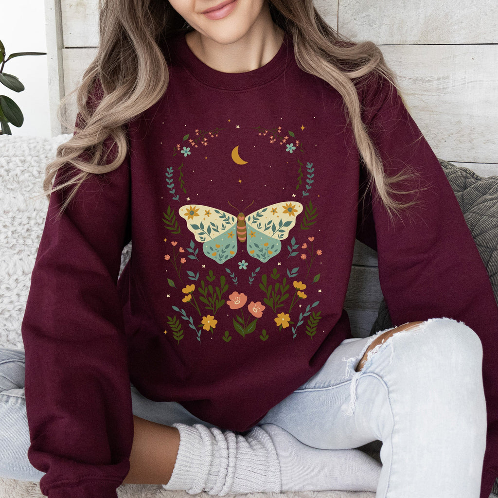 Twilight Flora and Fauna, Moon, Moth, and Flower Nature Scene Graphic Design Sweatshirt