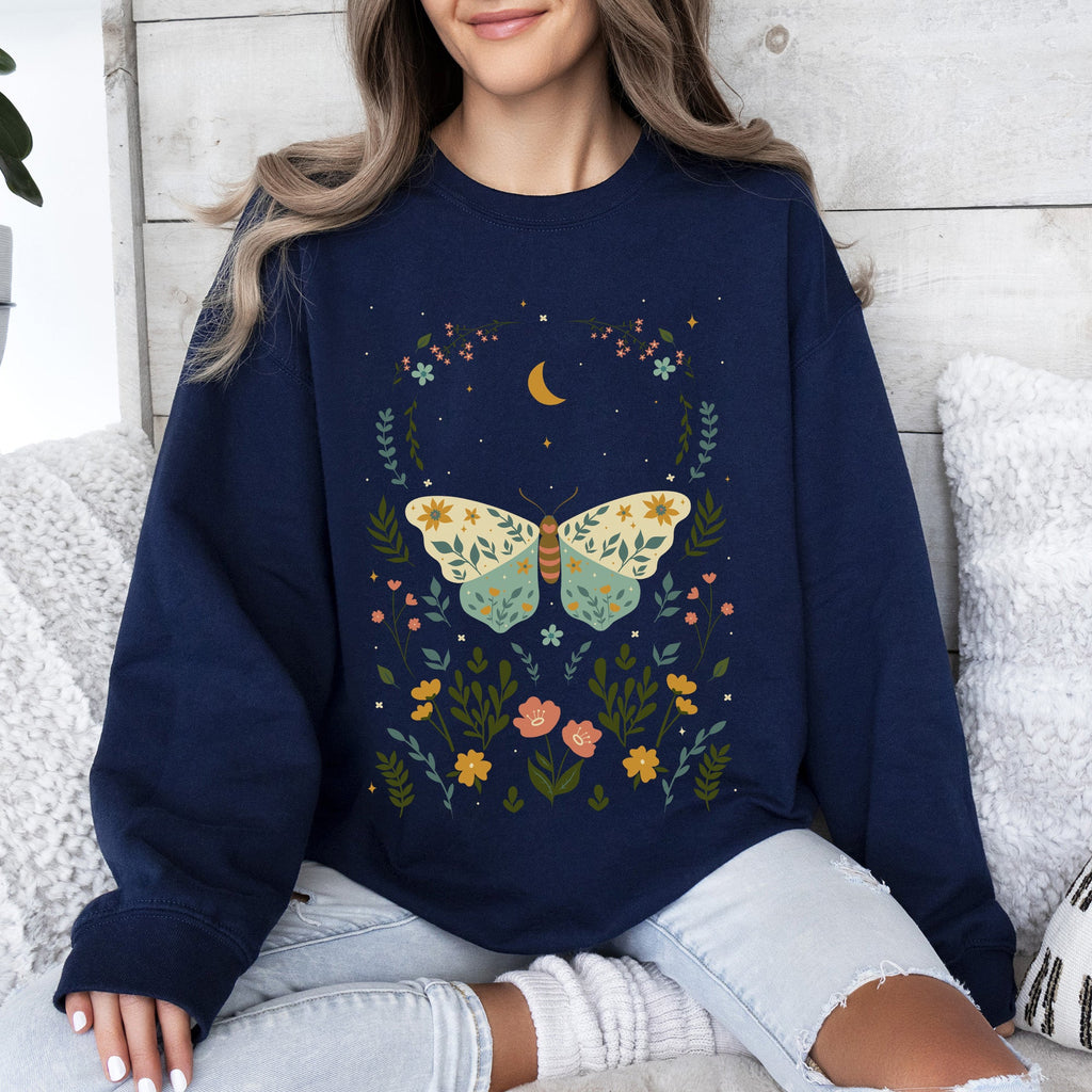 Twilight Flora and Fauna, Moon, Moth, and Flower Nature Scene Graphic Design Sweatshirt