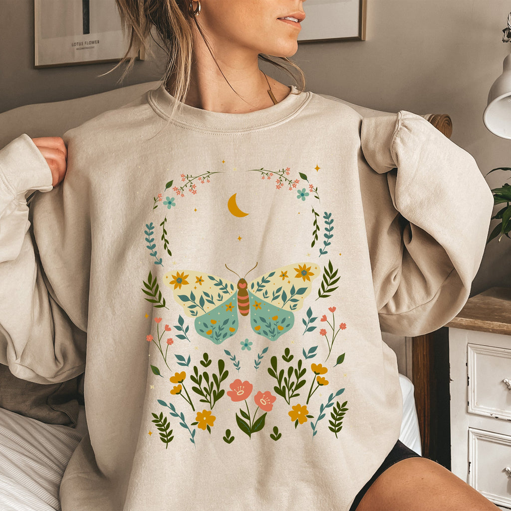 Twilight Flora and Fauna, Moon, Moth, and Flower Nature Scene Graphic Design Sweatshirt